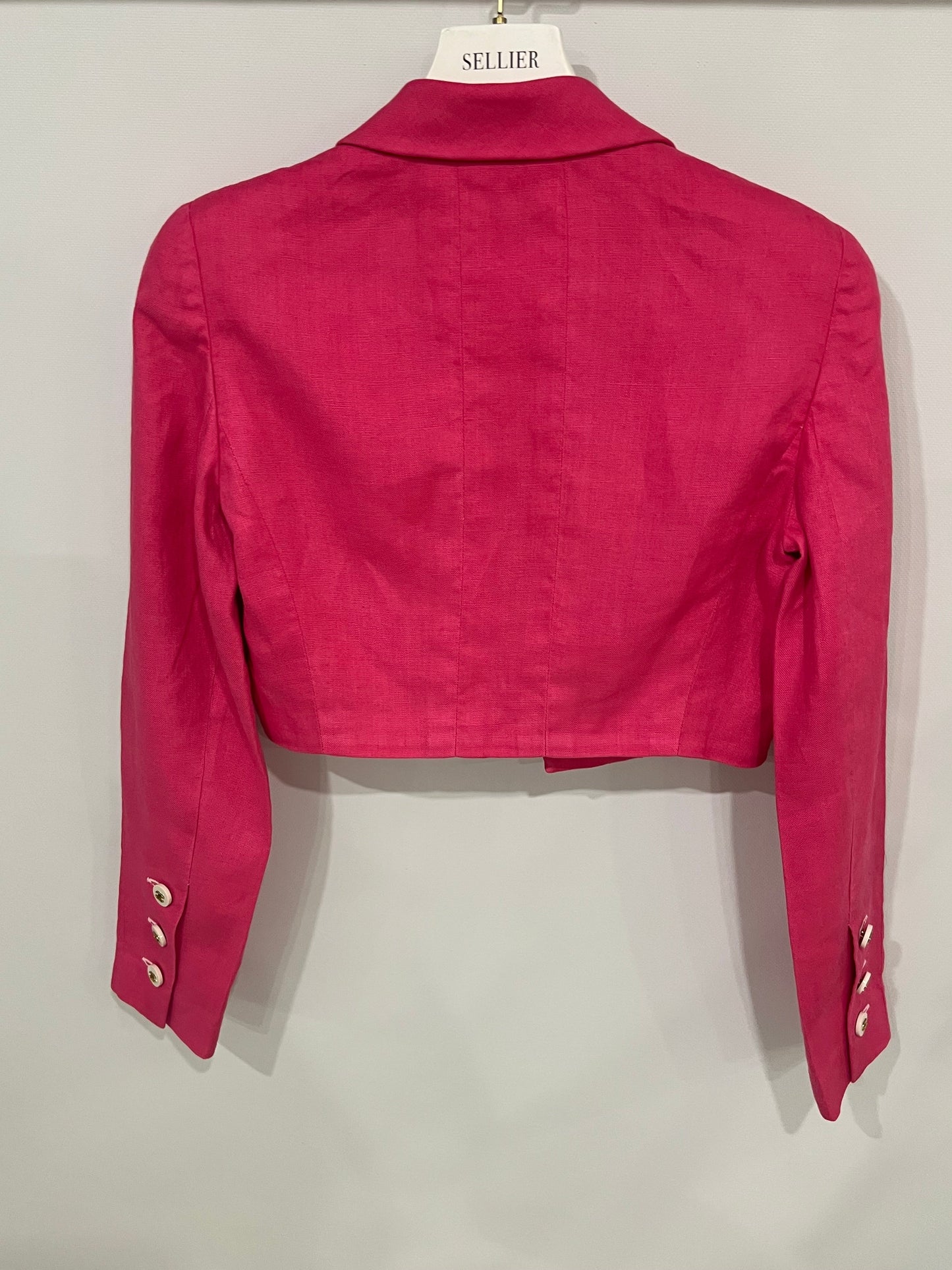 Chanel 95/P   Barbie Pink Linen Mini Dress and Cropped Jacket Set with Gold CC Logo Buttons Size FR 38 (UK 10)