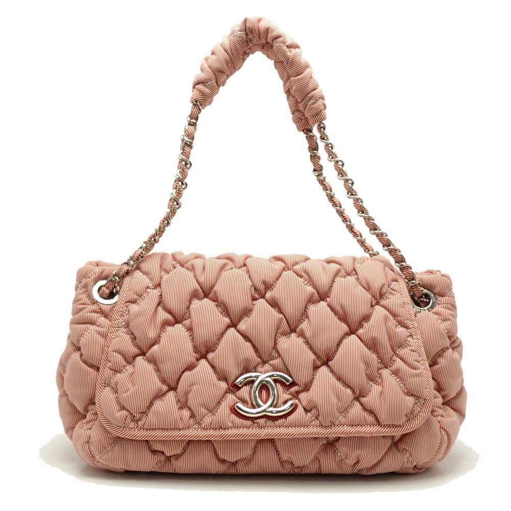Chanel Bubble Quilt Chain Tote Bag Nylon Canvas Stripe Red