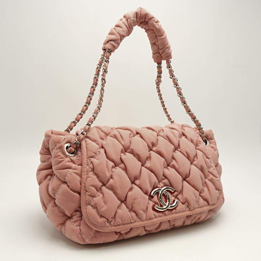 Chanel Bubble Quilt Chain Tote Bag Nylon Canvas Stripe Red