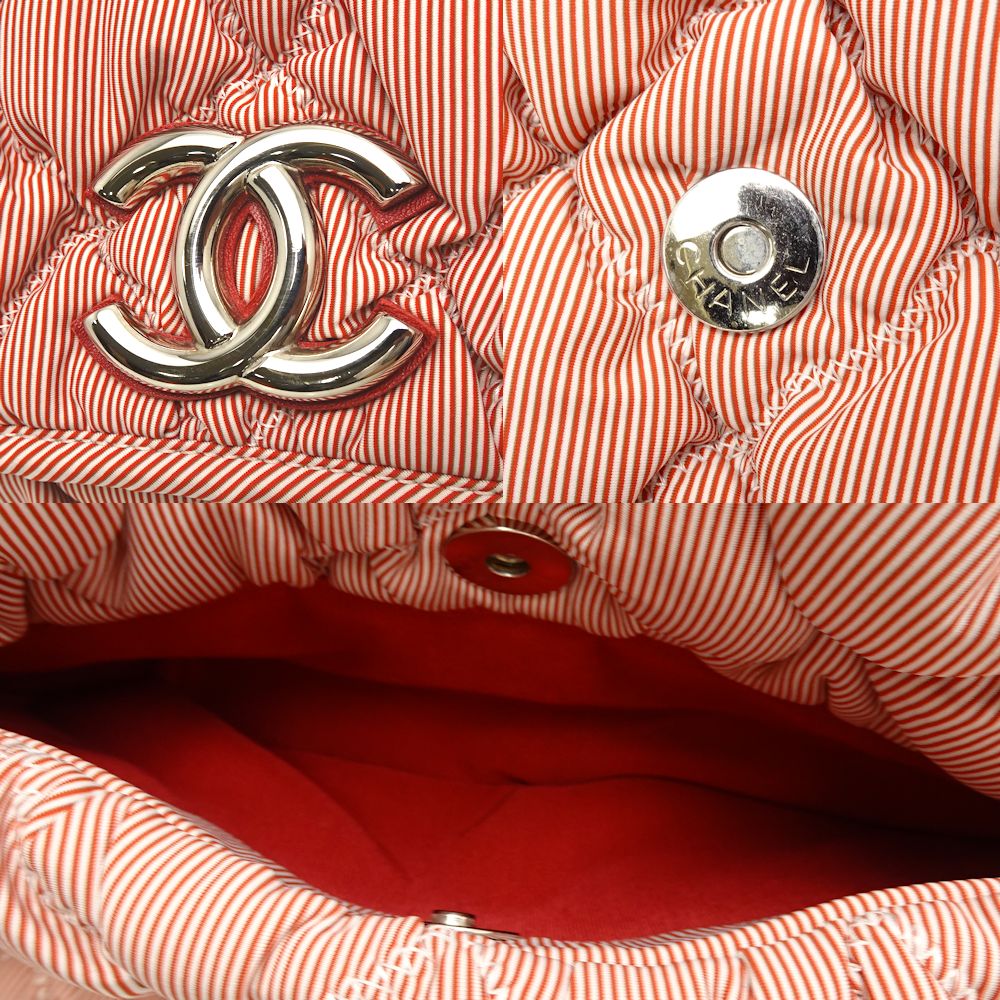 Chanel Bubble Quilt Chain Tote Bag Nylon Canvas Stripe Red