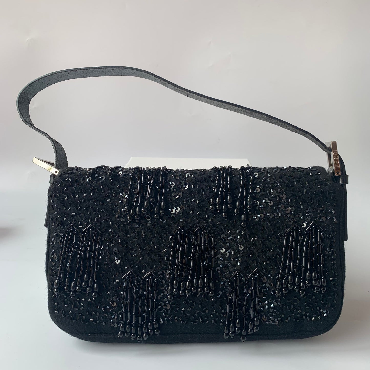 Fendi Baguette   Black Beaded Tussle On Black Shoulder Bag