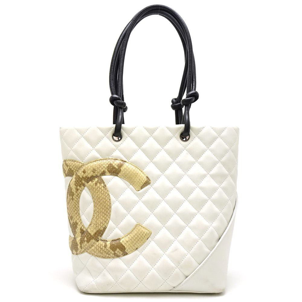 Chanel Cambon Line Tote Bag Lambskin Python White