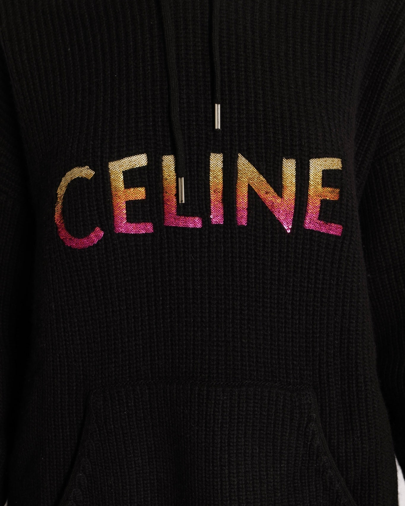 Celine Black Wool Knit Hooded Jumper with Multi-Colour Ombre Sequin Logo Size XS (UK 6) RRP £1,500