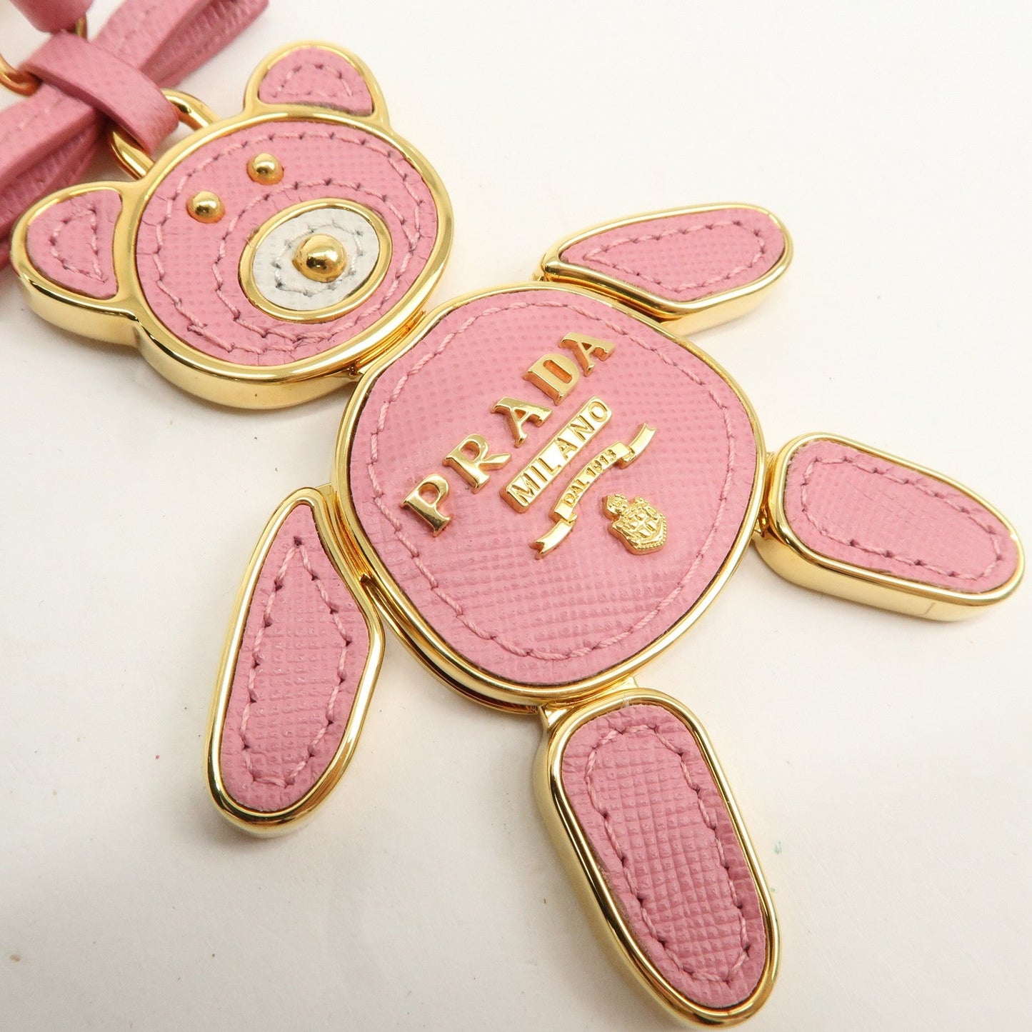 PRADA Saffiano Leather Metal Bear Bag Charm Key Chain Pink  d