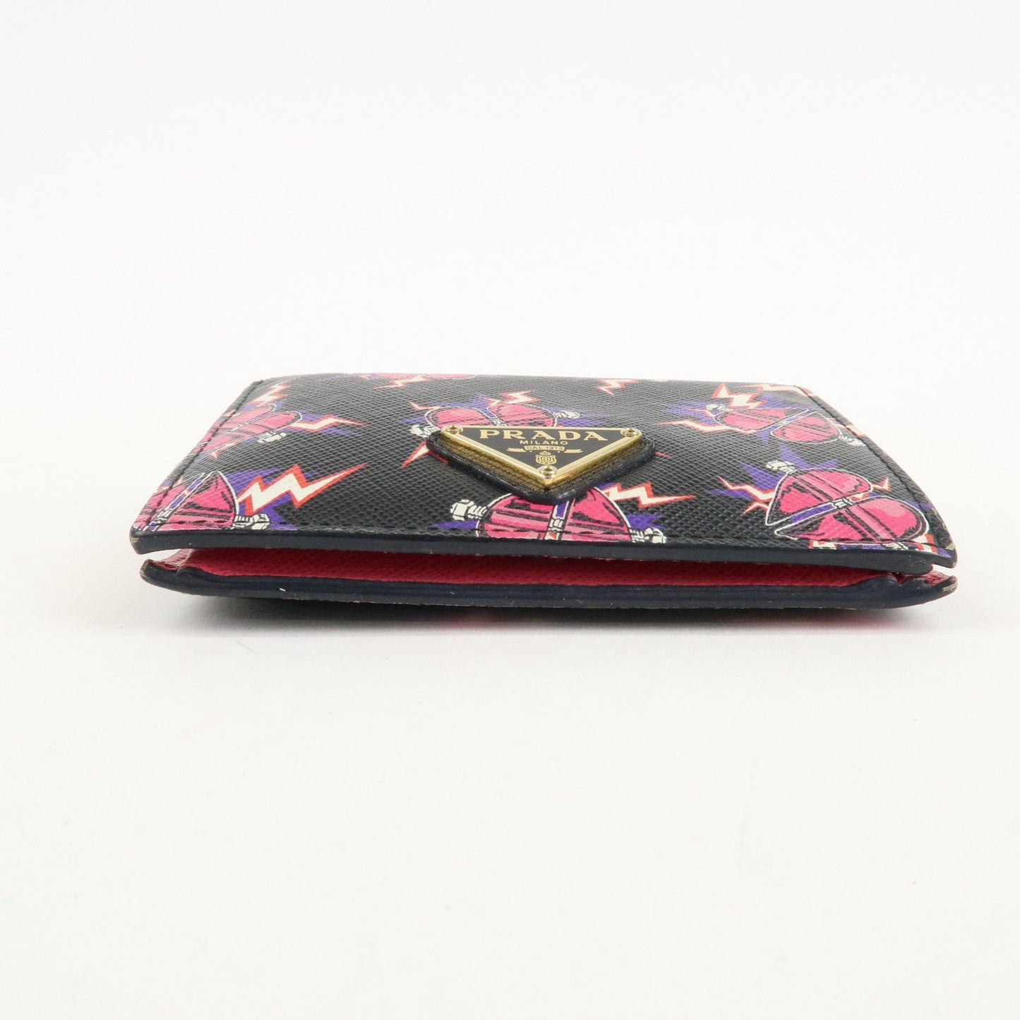 PRADA Logo Saffiano Leather Heart Print Bi-fold Wallet 1MV204  d