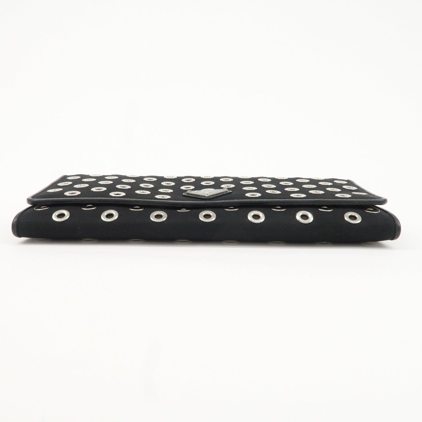 PRADA Grommet Nylon Leather Chain Long Wallet Black Silver HDW  d