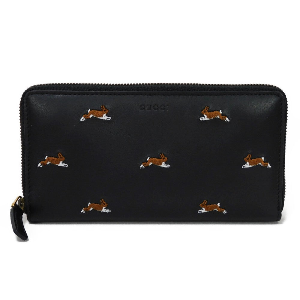 GUCCI Long Wallet Purse 428785 Smooth Calfskin Leather black Logo embossing Rabbit embroidered zip-around wallet Women(Unisex)