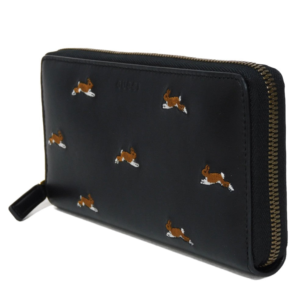GUCCI Long Wallet Purse 428785 Smooth Calfskin Leather black Logo embossing Rabbit embroidered zip-around wallet Women(Unisex)
