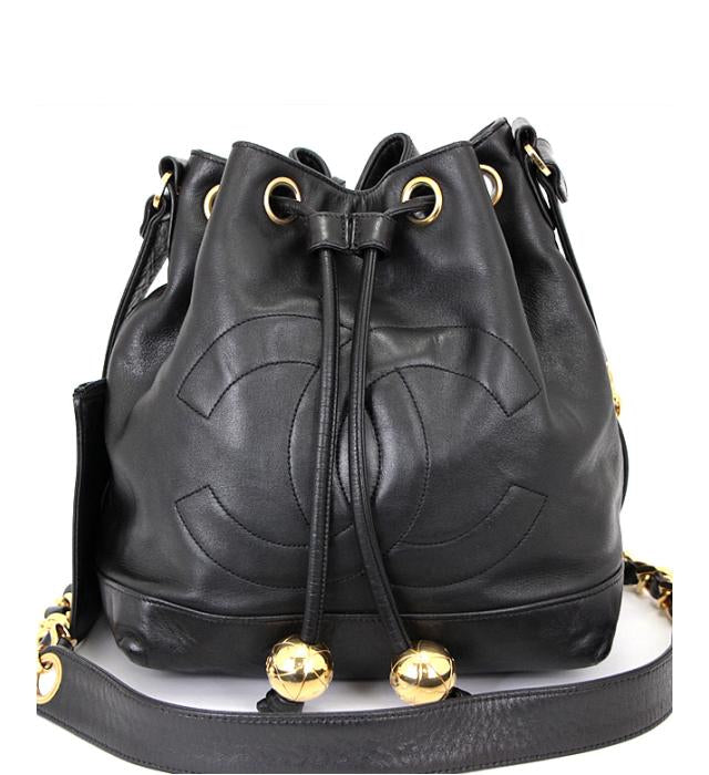 Chanel Drawstring Purse Chain Shoulder Lamb Black