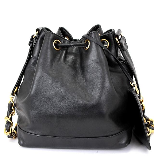 Chanel Drawstring Purse Chain Shoulder Lamb Black