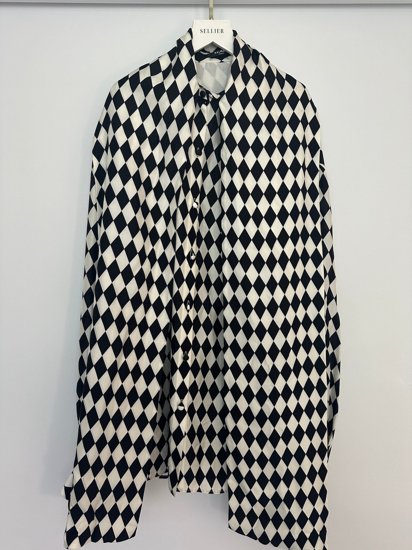 Balmain Black and White Lavalliere Diamond Print Silk Shirt with Puff Sleeves and Pussy Bow Detail Size FR 34 (UK 6) RRP £1490