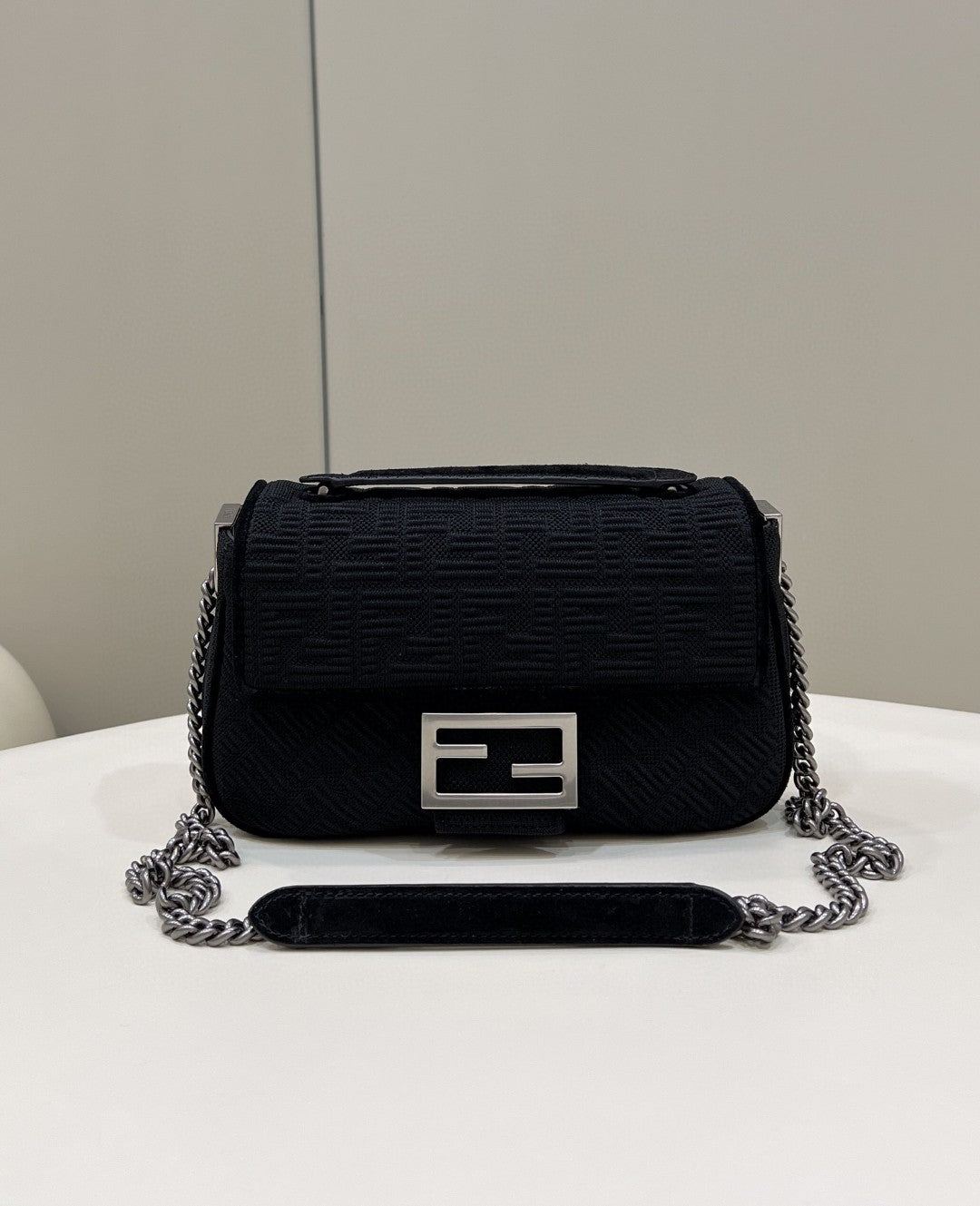 Top QualityTop Quality Baguette Chain Midi Black FF Fabric Bag For Woman 14.5cm/6in