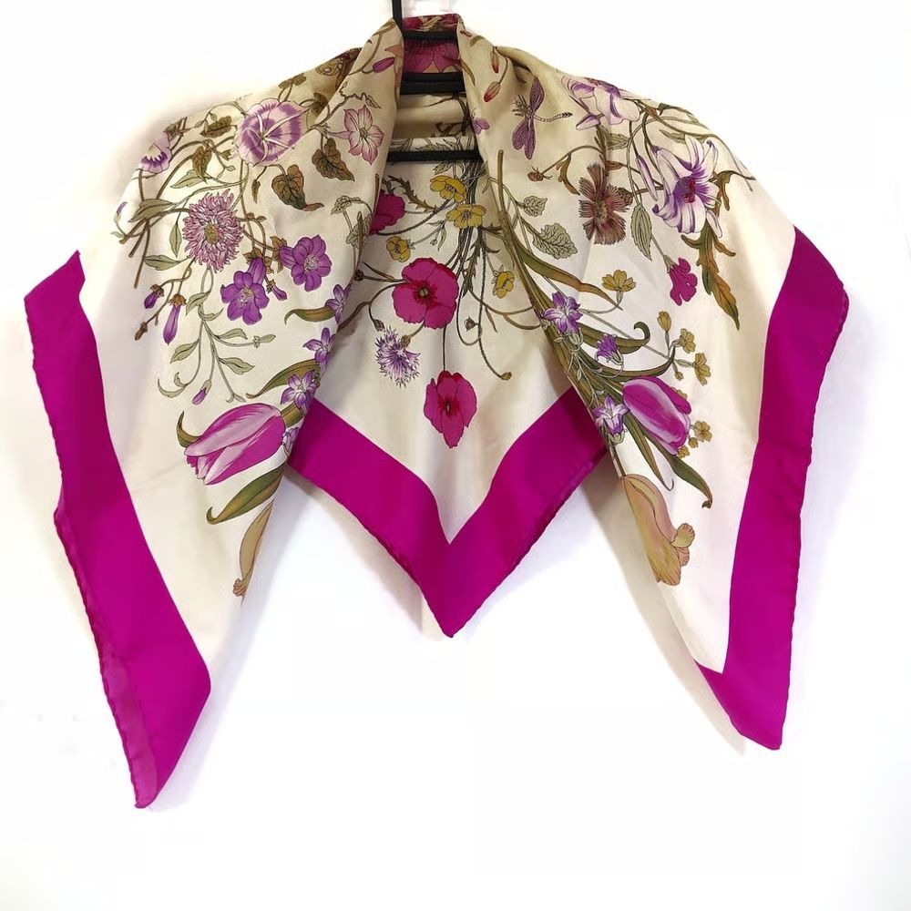 Gucci silk floral print scarf in purple, green, and yellow