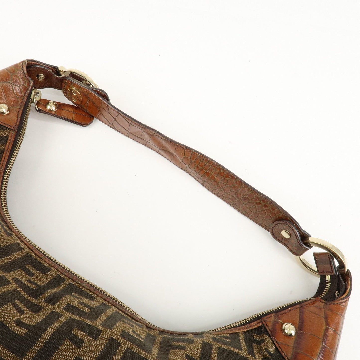 FENDI Zucca Canvas Embossed Leather Shoulder Bag Brown 8BR593  d
