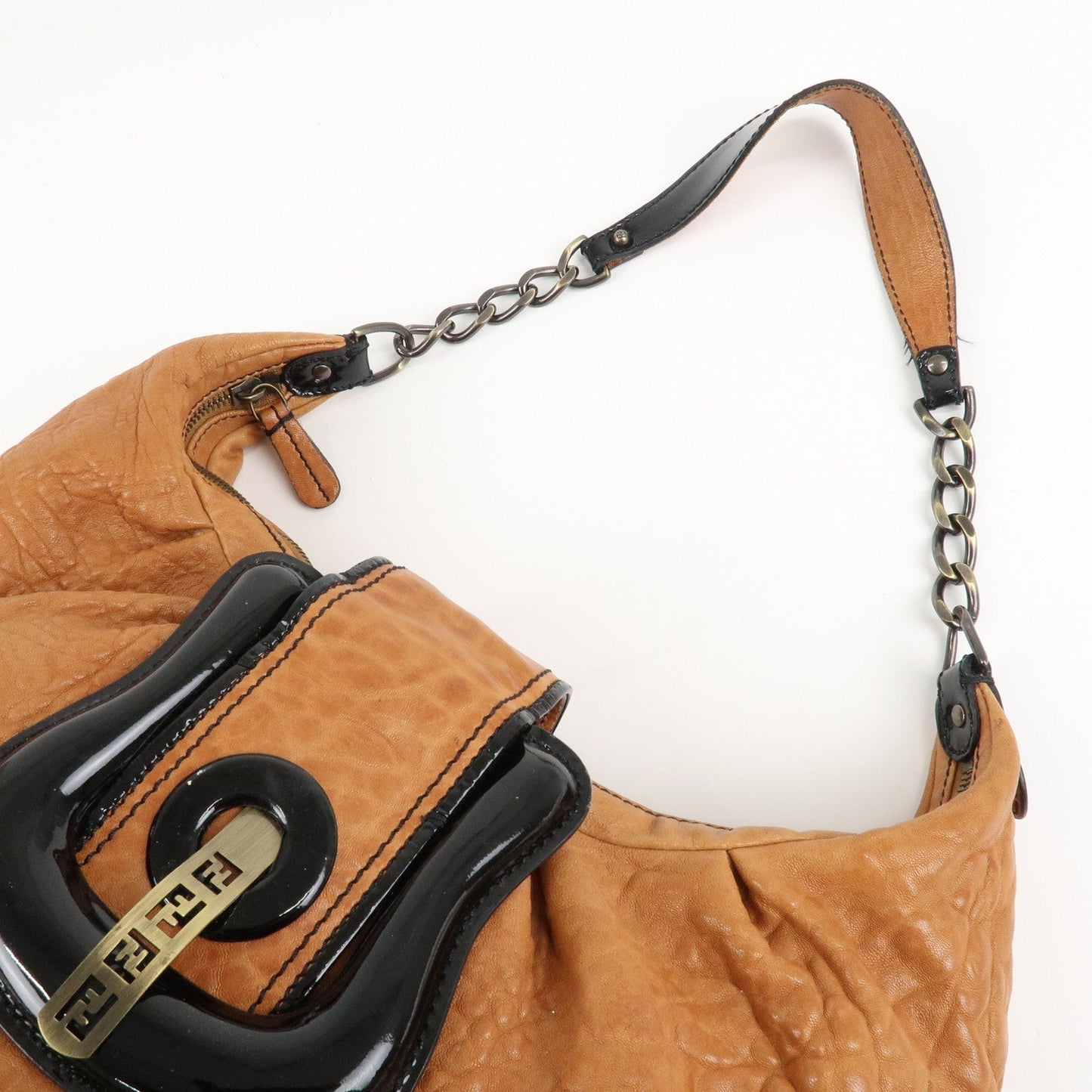 FENDI Leather Patent Leather Chain Shoulder Bag Brown 8BR563  d