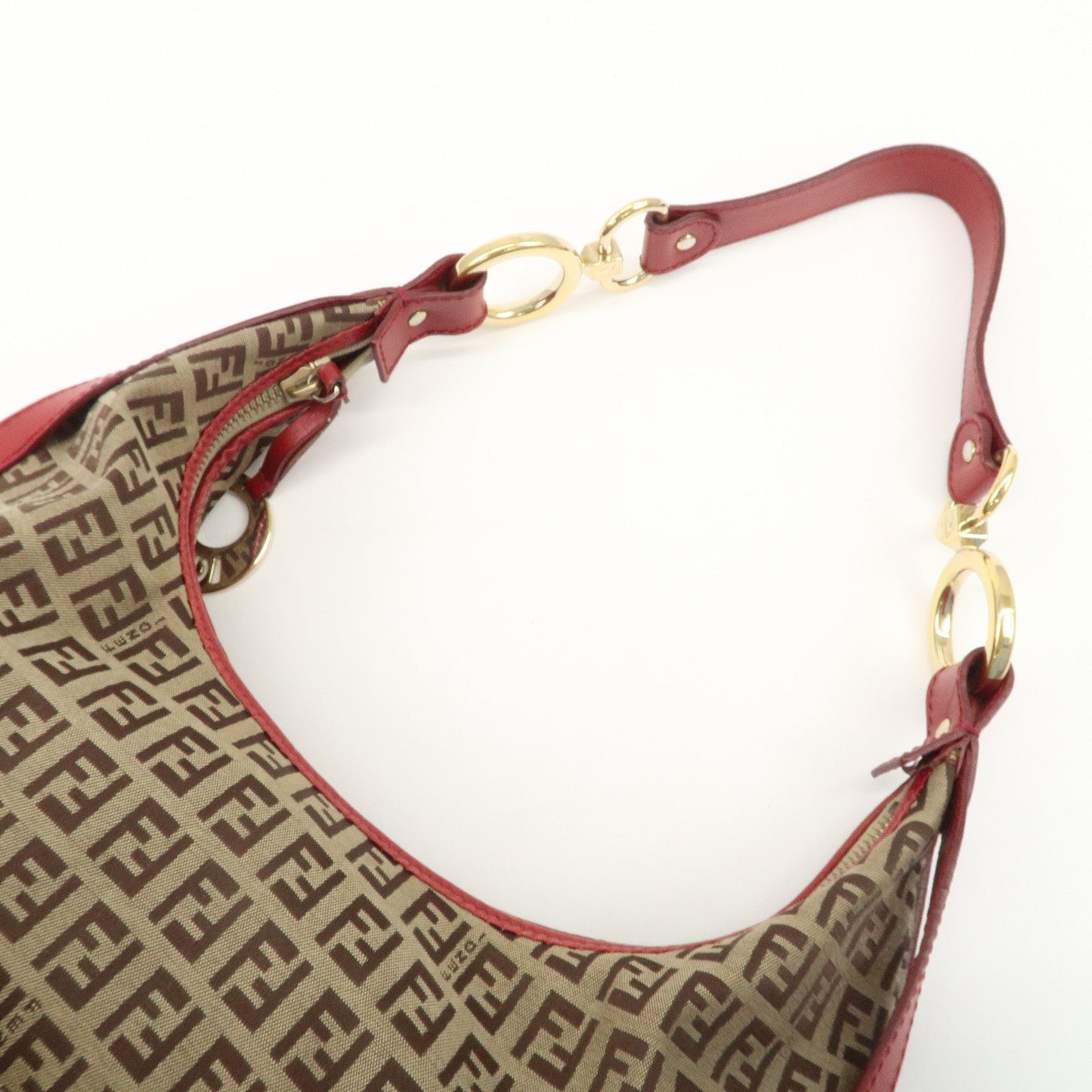 FENDI Zucchino Canvas Leather Shoulder Bag Khaki Brown Red 8BR465  d