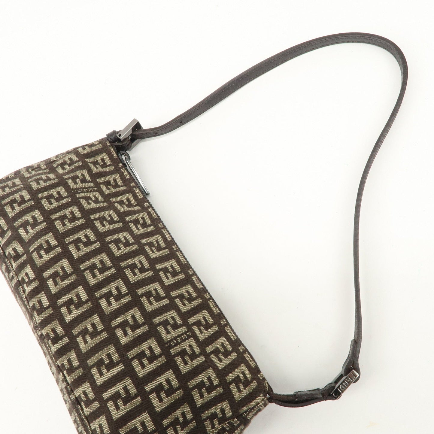 FENDI Zucchino Canvas Leather Shoulder Bag Dark Brown 8BR249  d