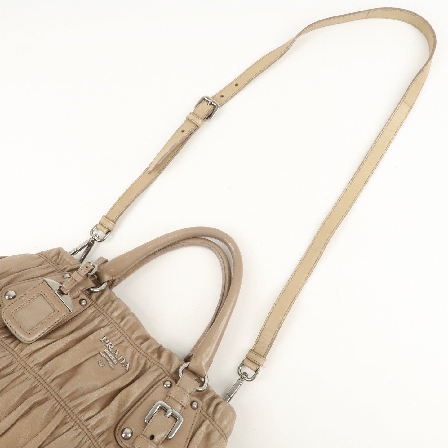 PRADA Leather 2Way Hand Bag Shoulder Bag Beige N1788  d