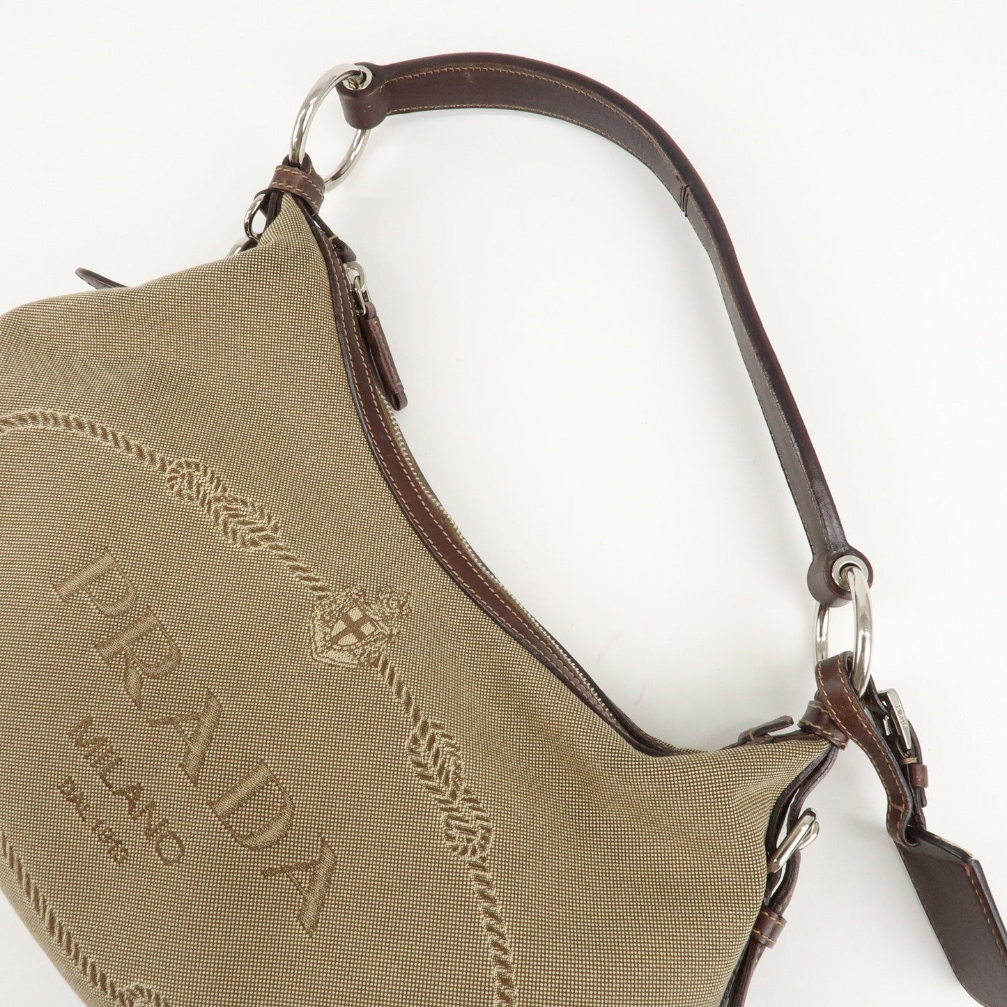 PRADA Logo Jacquard Leather Shoulder Bag Beige Brown  d