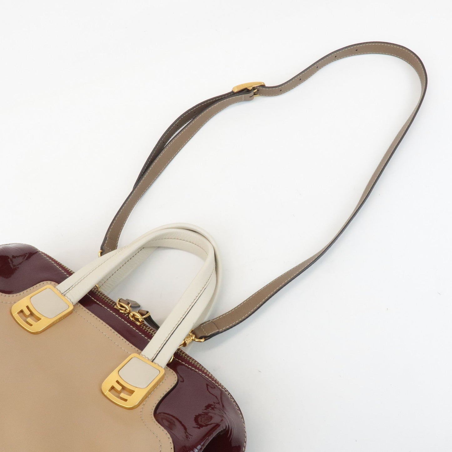 FENDI Chameleon Leather 2WAY Bag Hand Bag Beige Bordeaux 8BL114  d