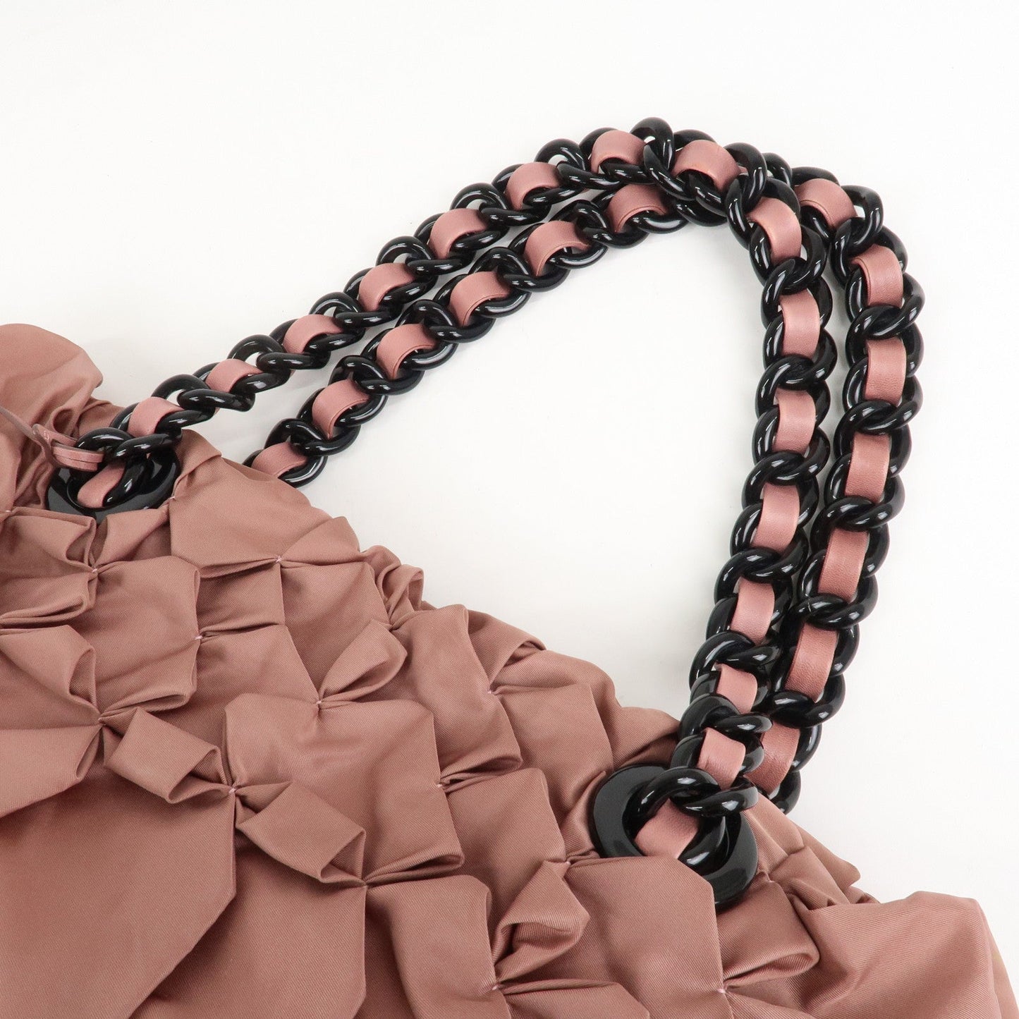 Prada Nylon Leather Gathered Chain Shoulder Tote Bag Pink Black  d