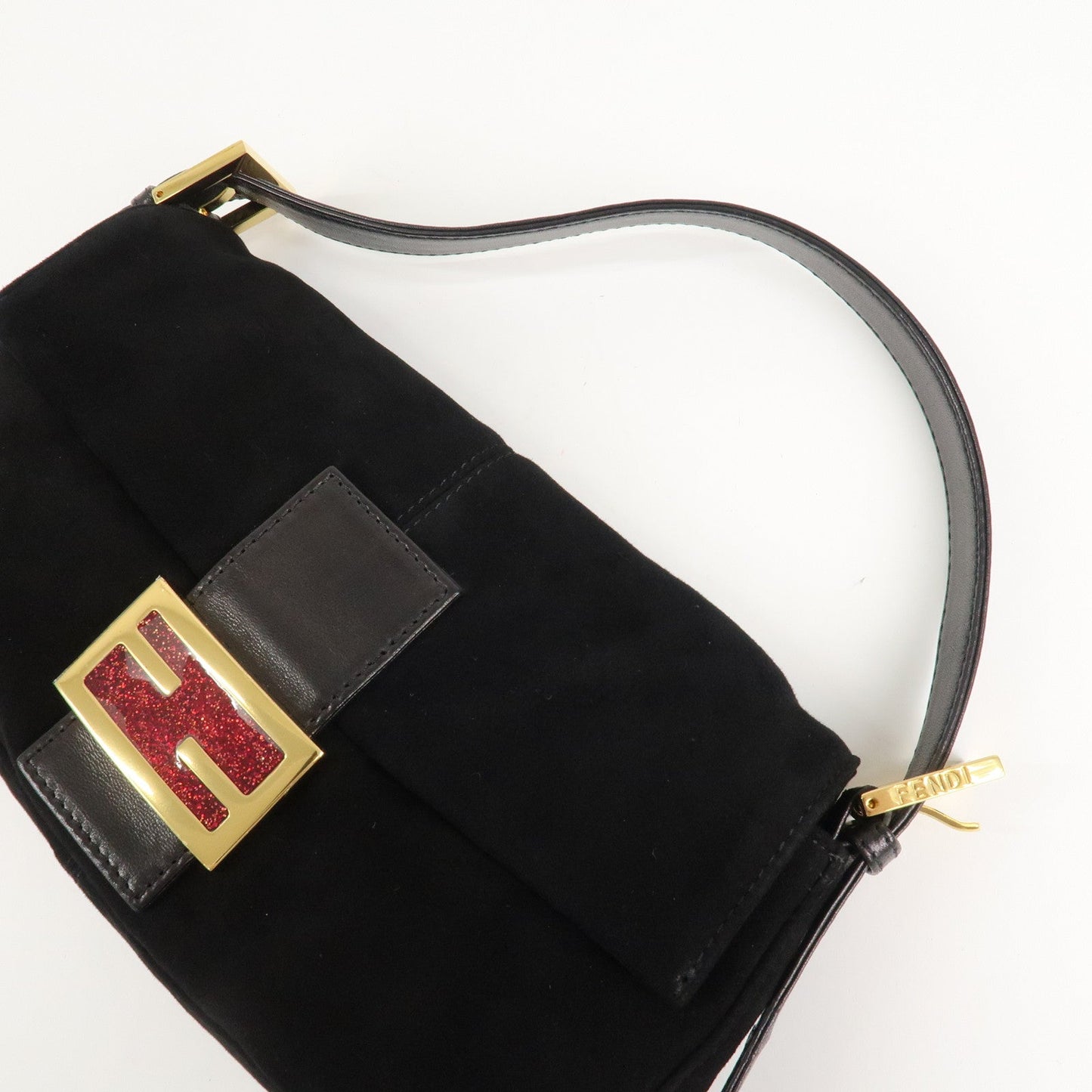 FENDI Mamma Baguette Suede Leather Shoulder Bag Black 26424  d