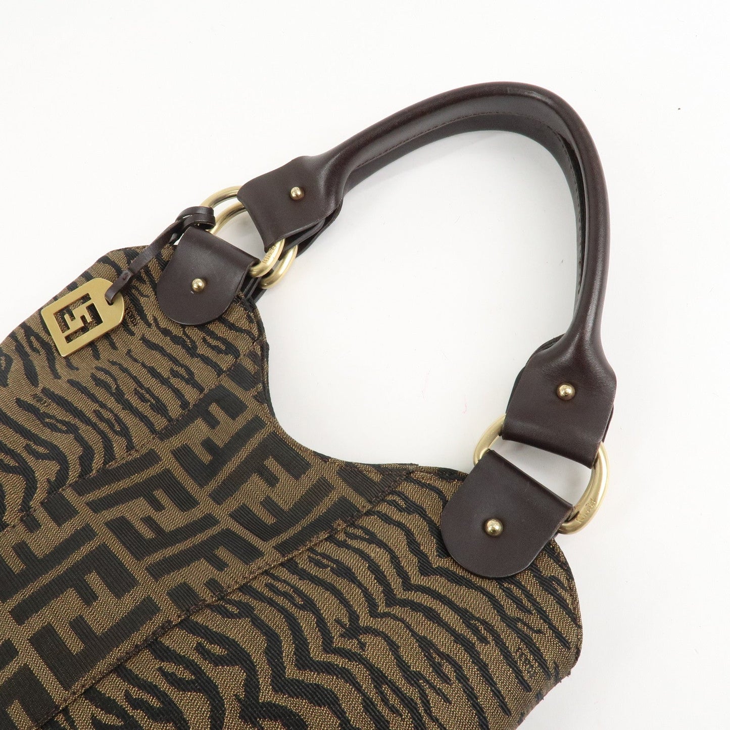 FENDI Zucca Canvas Leather Tote Bag Hand Bag 8BR284 Brown Black  d