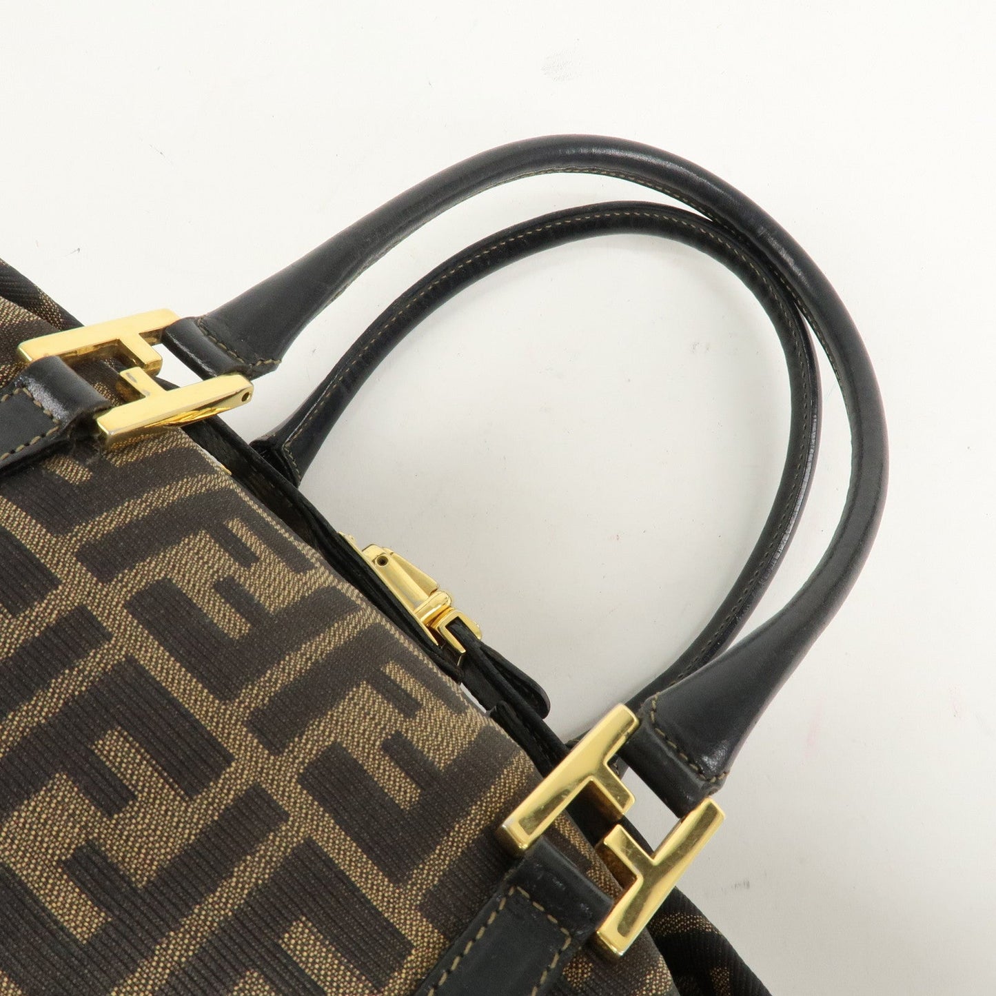 FENDI Zucca Canvas Leather Boston Bag Hand Bag Brown Black  d