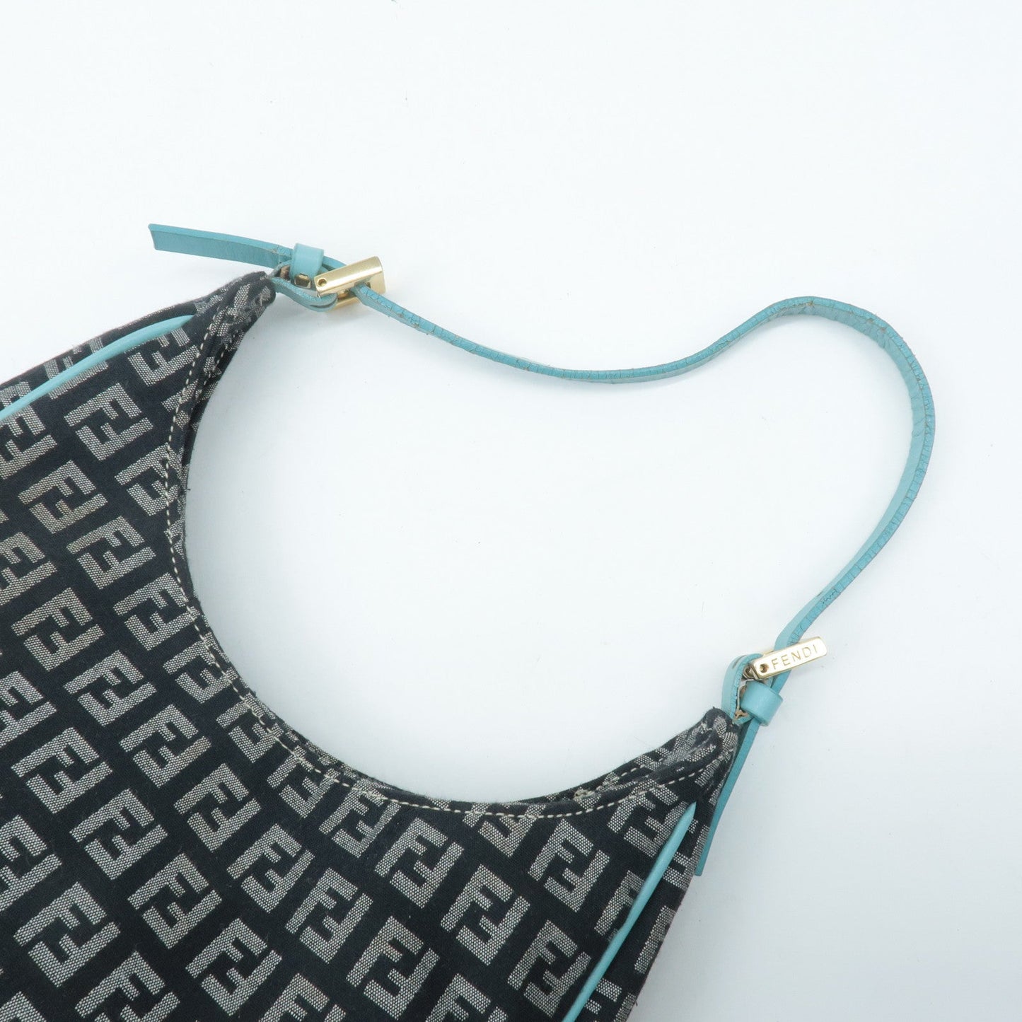FENDI Zucchino Canvas Leather Shoulder Bag Black White Blue 8BR158  d