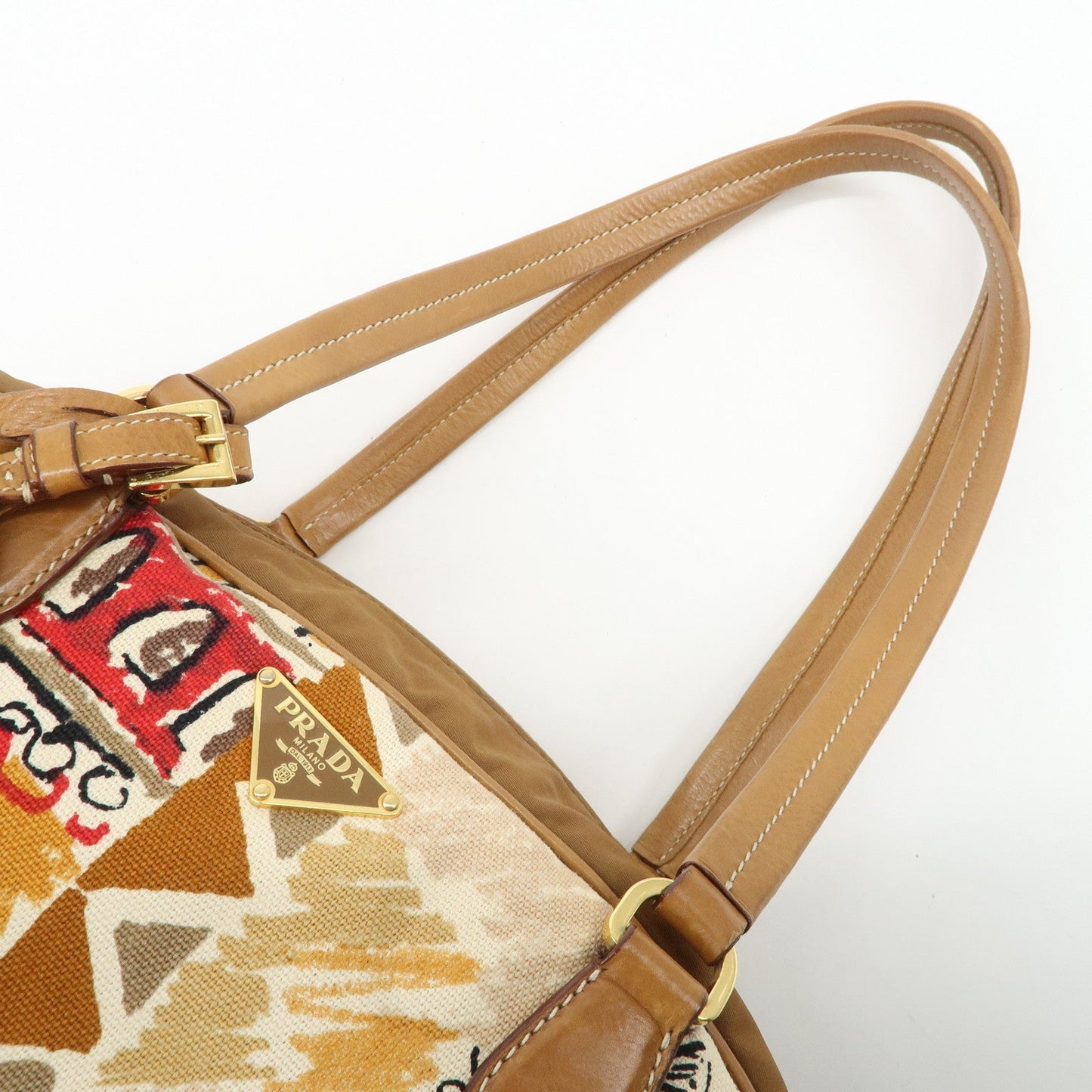 PRADA Logo Canvas Leather Nylon Shoulder Bag Boston Bag Brown  d