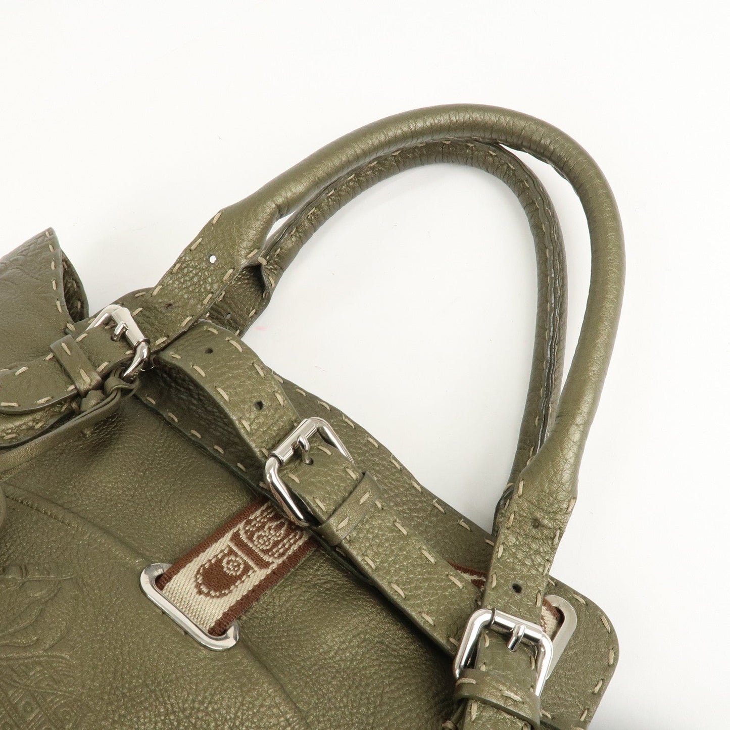 FENDI Selleria Leather Tote Bag Shoulder Bag Khaki 8BN155  d