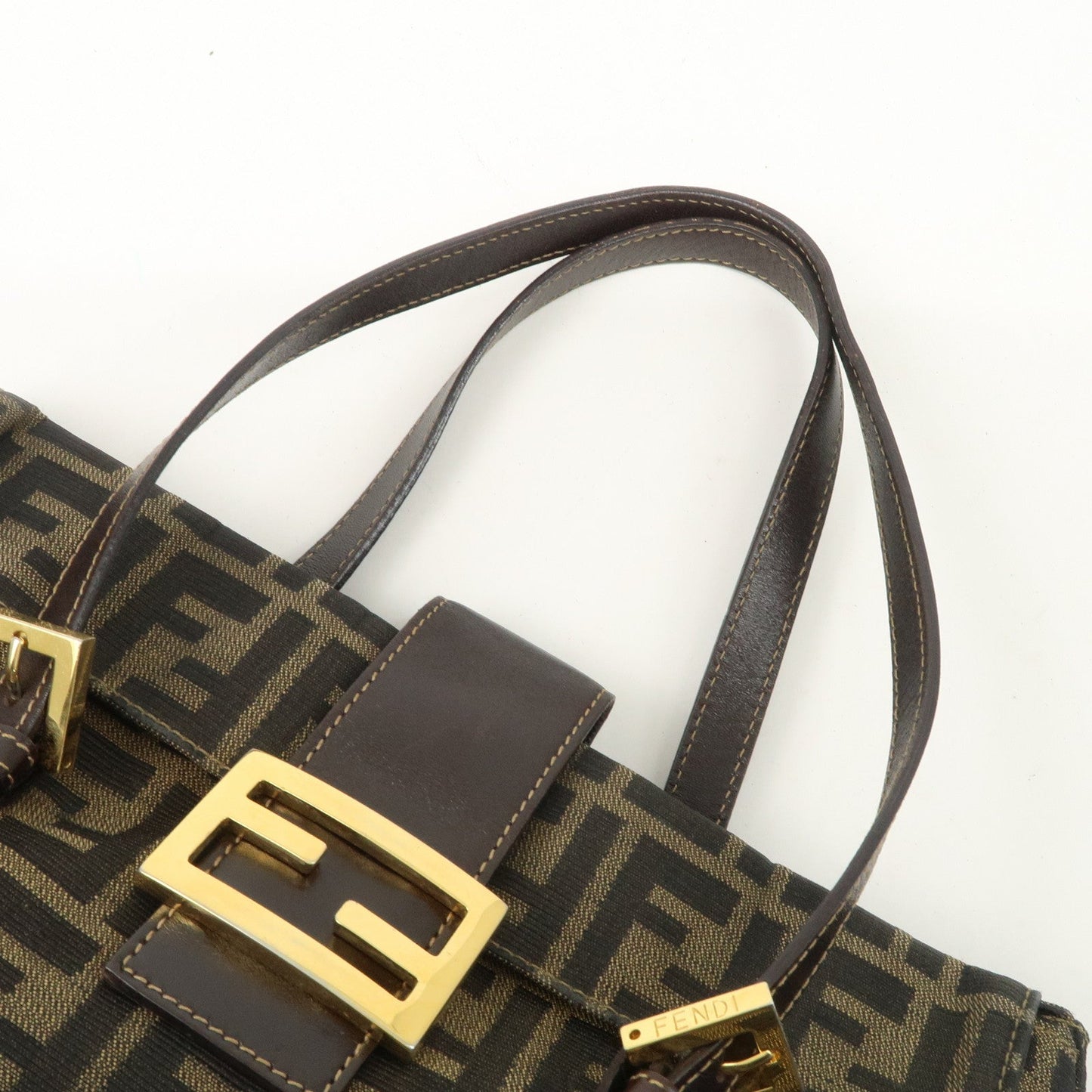 FENDI Zucca Canvas Leather Hand Bag Brown Black Gold Hardware  d
