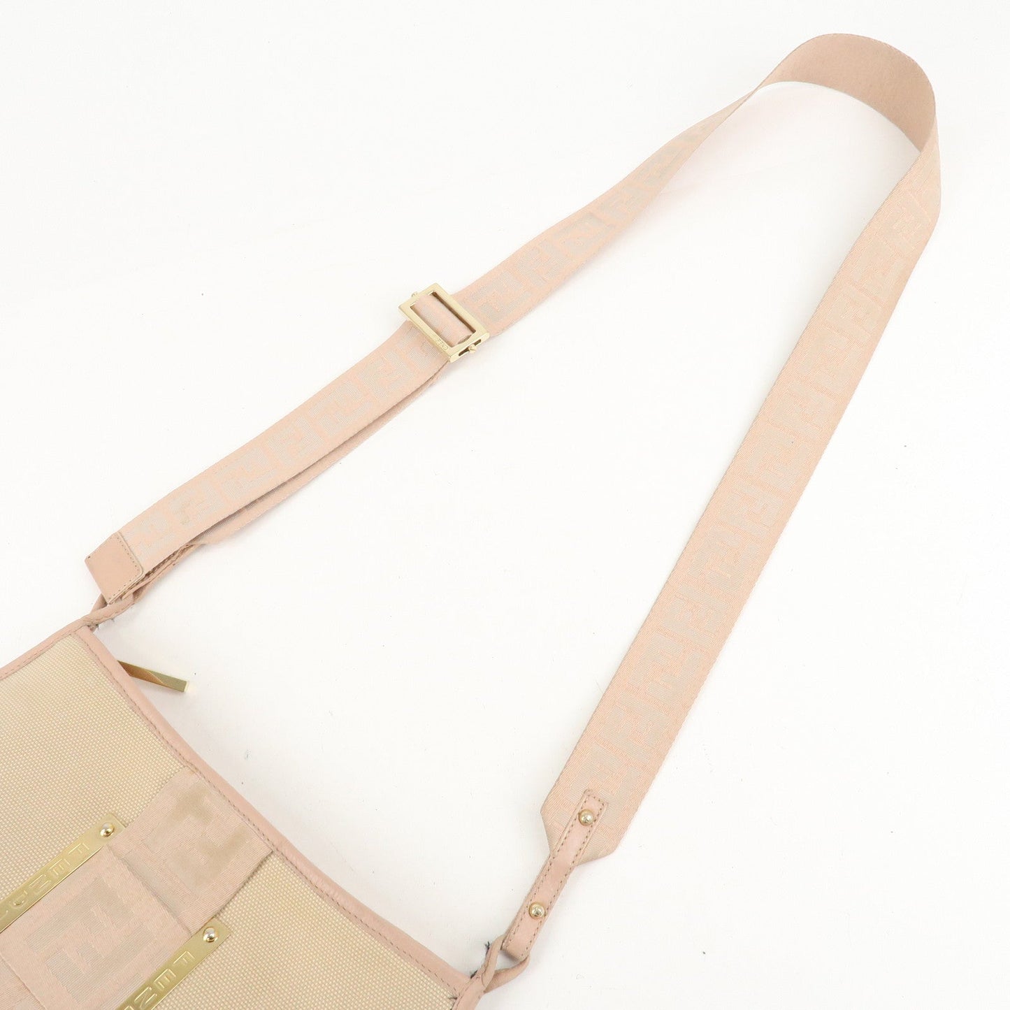 FENDI Logo Canvas Leather Shoulder Bag Beige Pink 8BT084  d