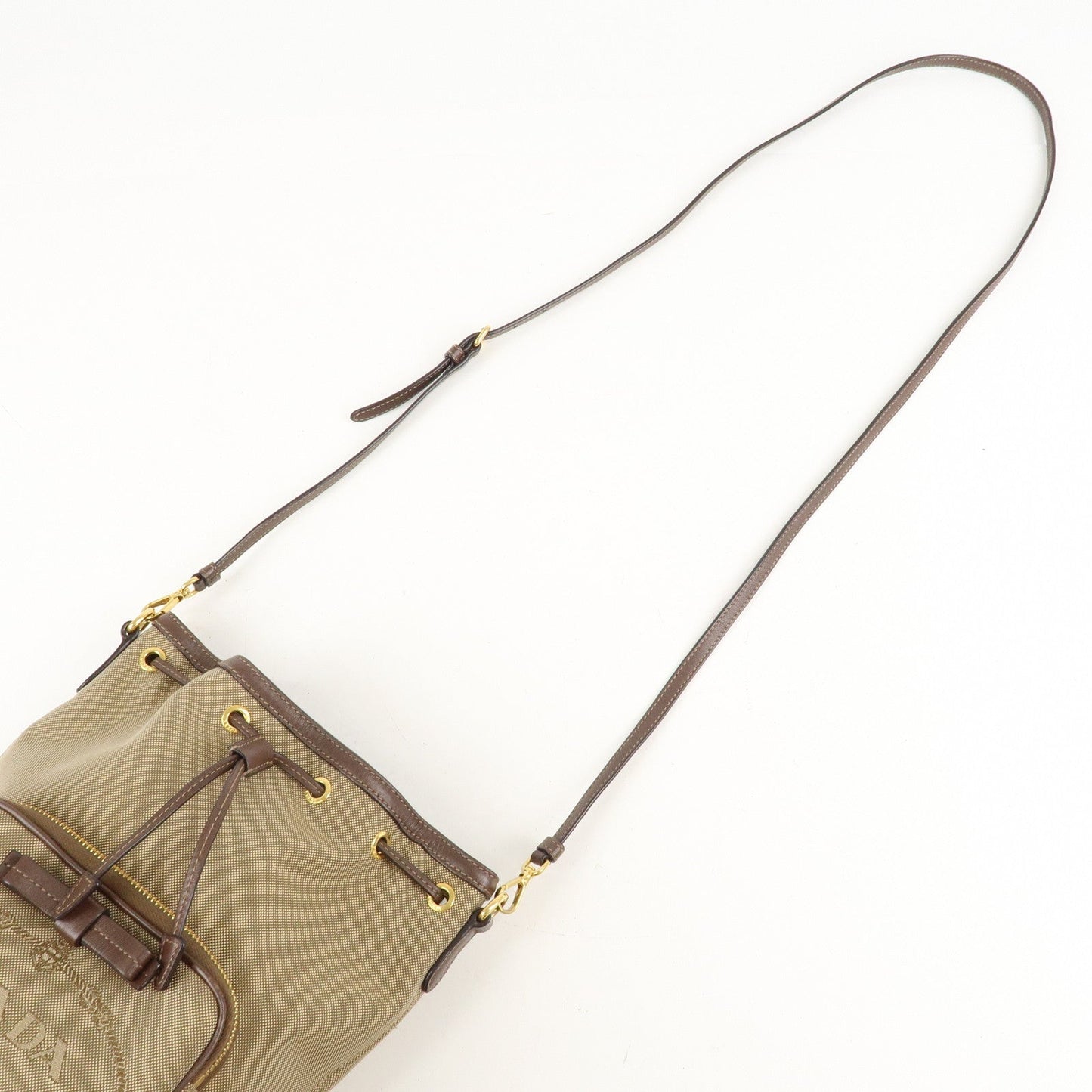 PRADA Logo Jacquard Leather Drawstring Shoulder Bag Beige 1BH038  d