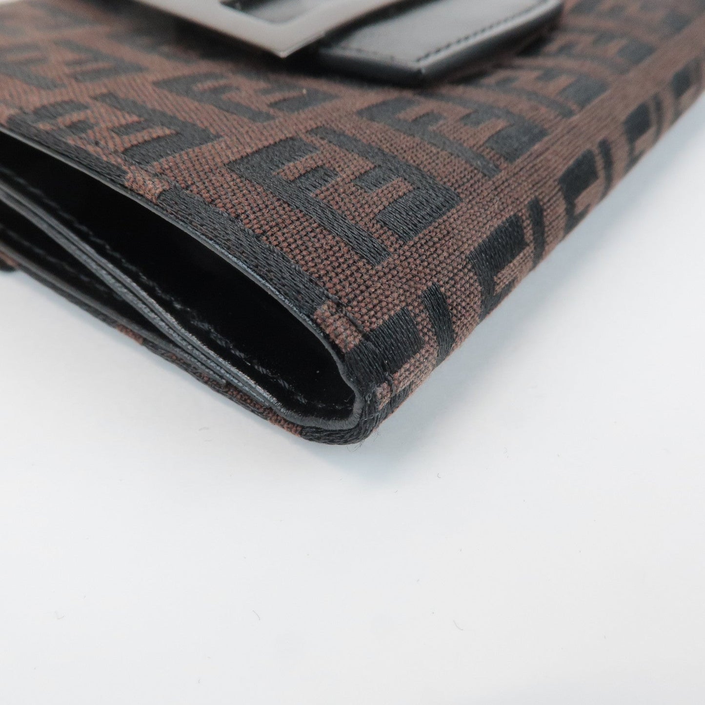 FENDI Zucca Canvas Leather Double Hook Wallet Brown Black 8M0035  d
