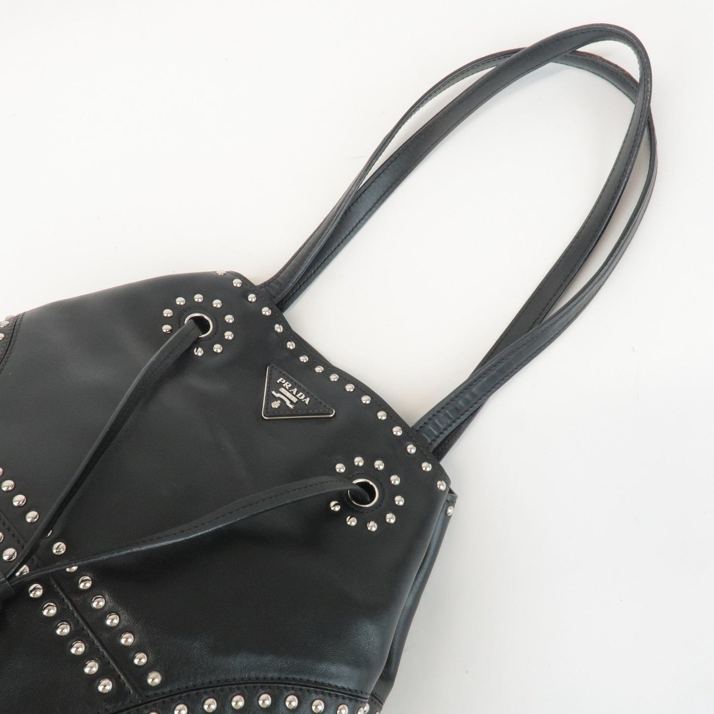 PRADA Calf Leather Drawstring Shoulder Bag Studs Tassel B5061M  d