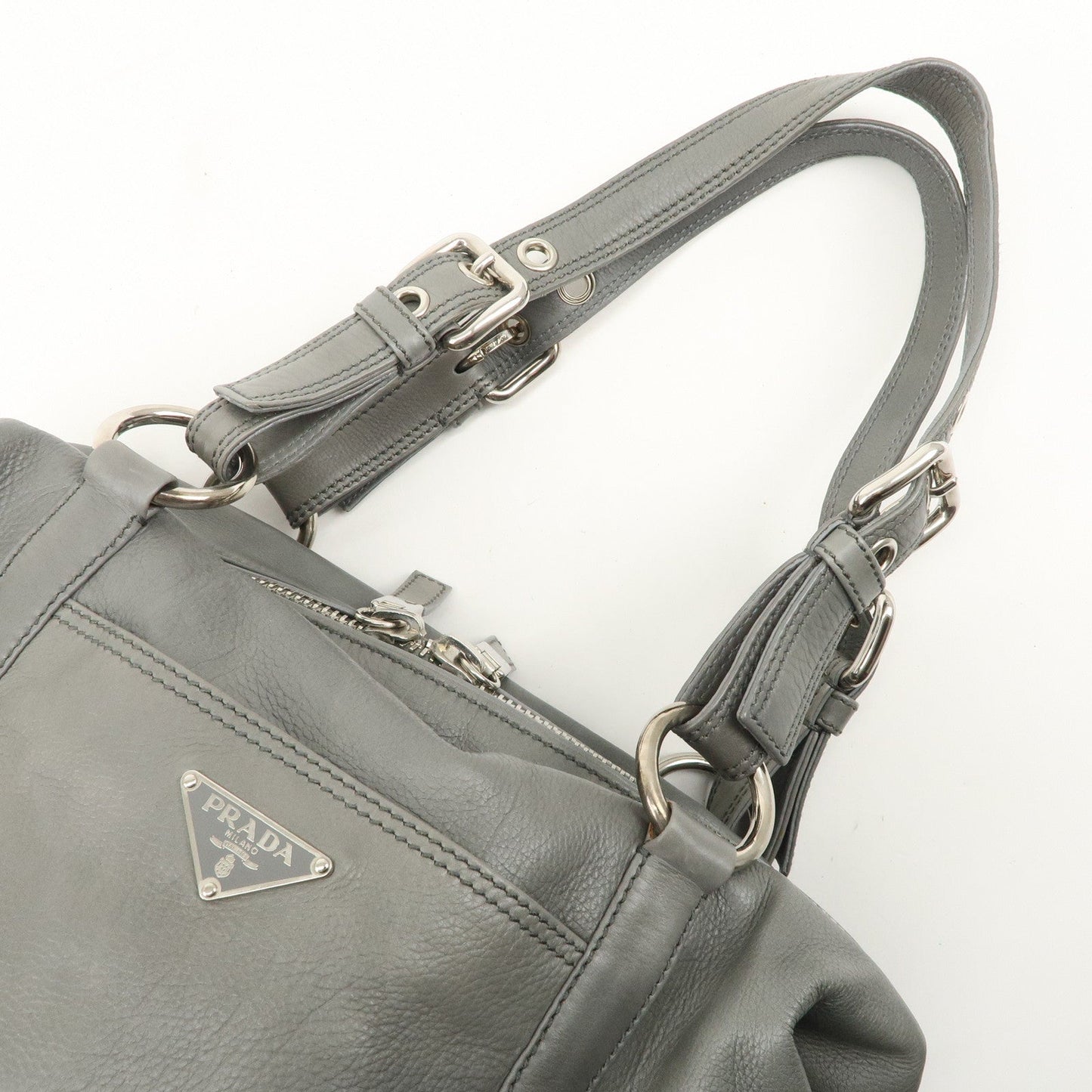 PRADA Leather Boston Bag Shoulder Bag Gray Silver Hardware  d
