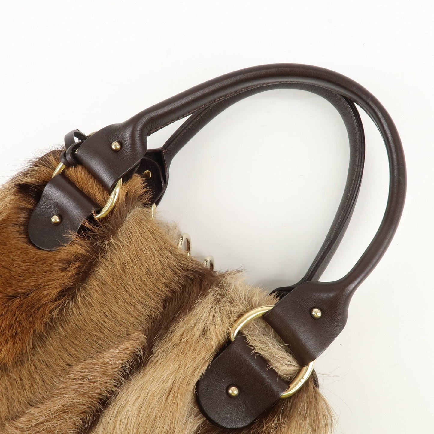 FENDI Fur Leather Tote Bag Hand Bag Shoulder Bag Brown 8BR286  d