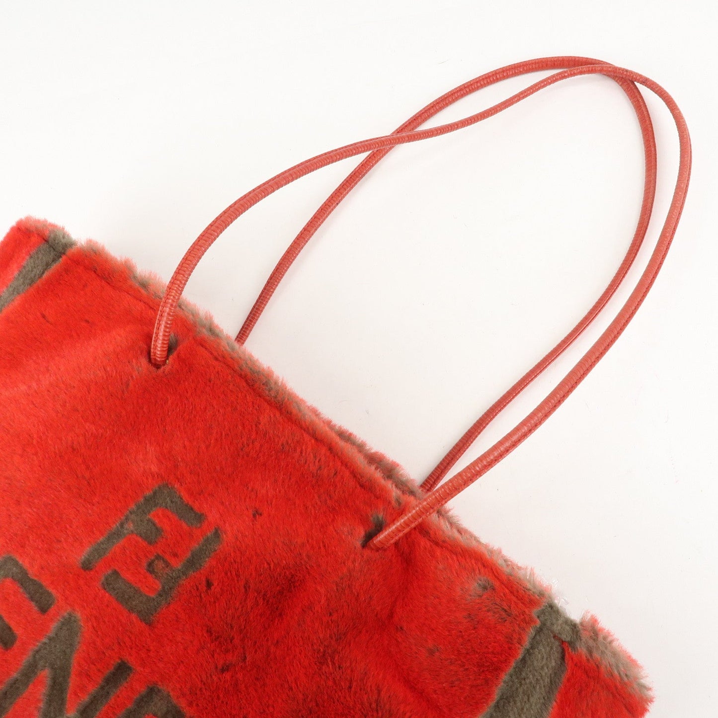FENDI Leather Fake Fur Shoulder Bag Tote Bag Red  d