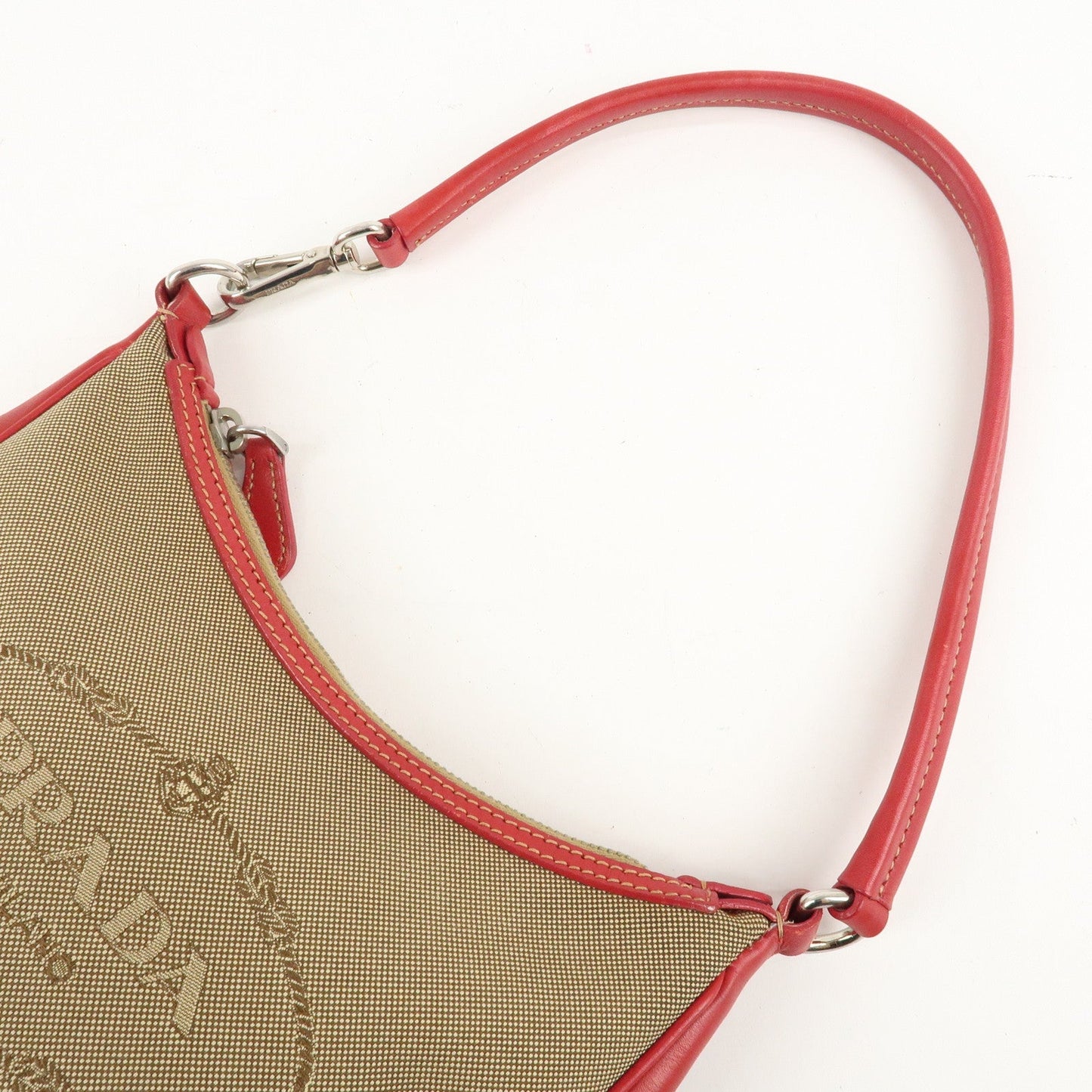 PRADA Logo Jacquard Leather Shoulder Bag Beige Red  d