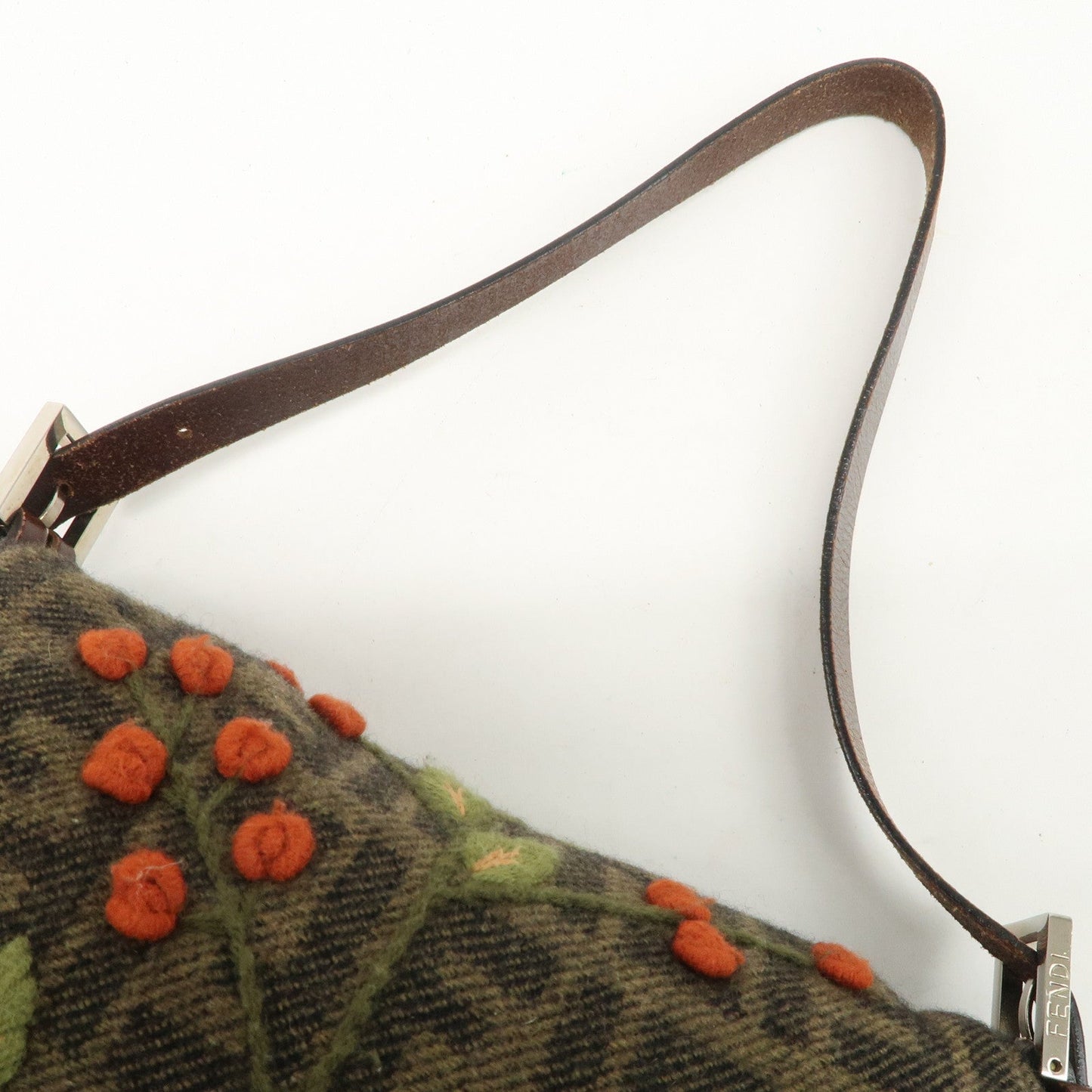 FENDI Mamma Baguette Wool Leather Shoulder Bag Tree Motif Khaki  d