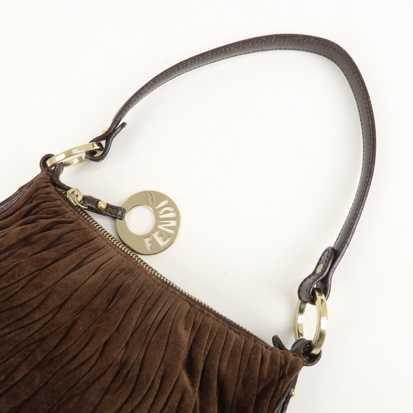 FENDI Suede Leather Gathered Shoulder Bag Dark Brown 8BR454  d
