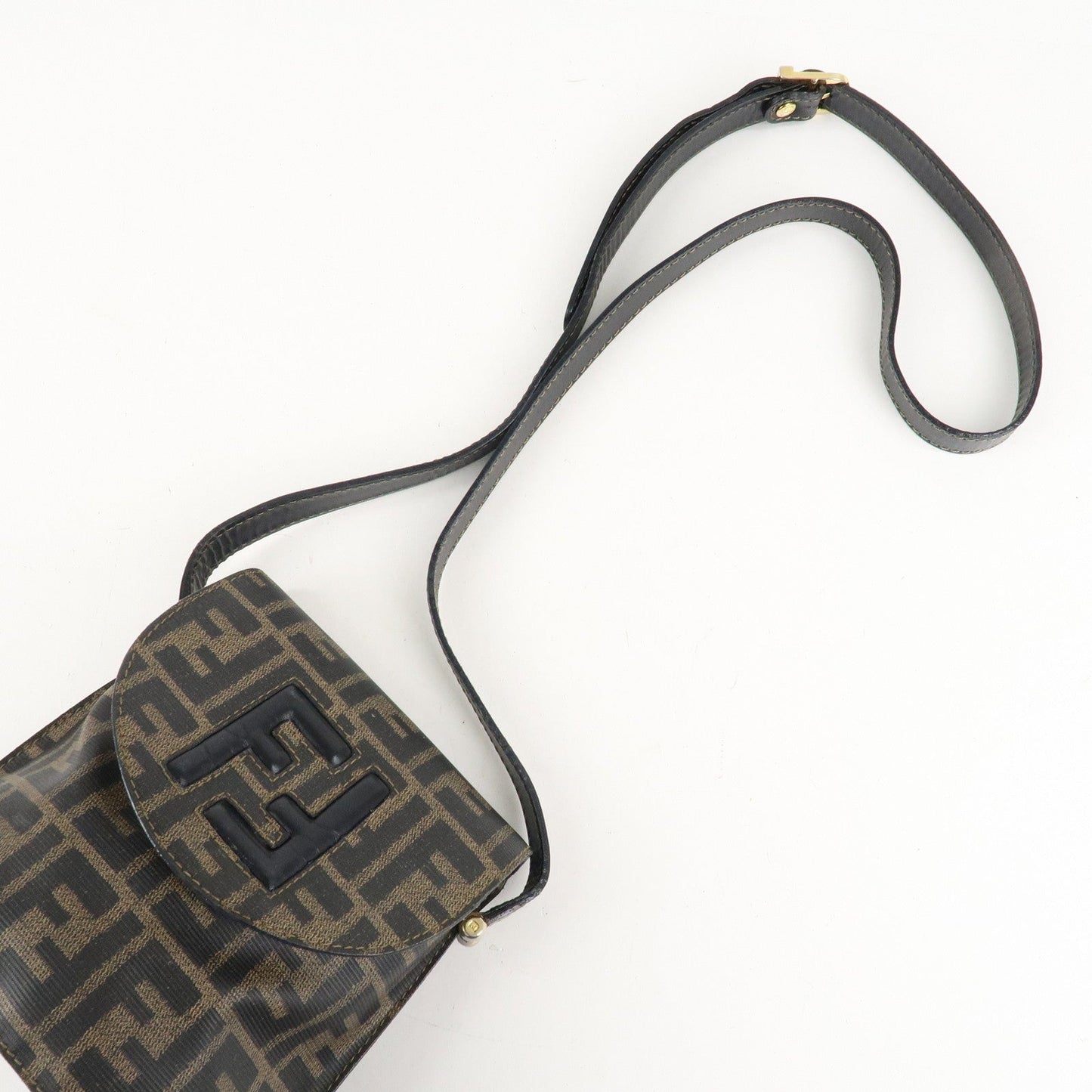 FENDI Zucca Logo Print PVC Leather Shoulder Bag Black Brown  d