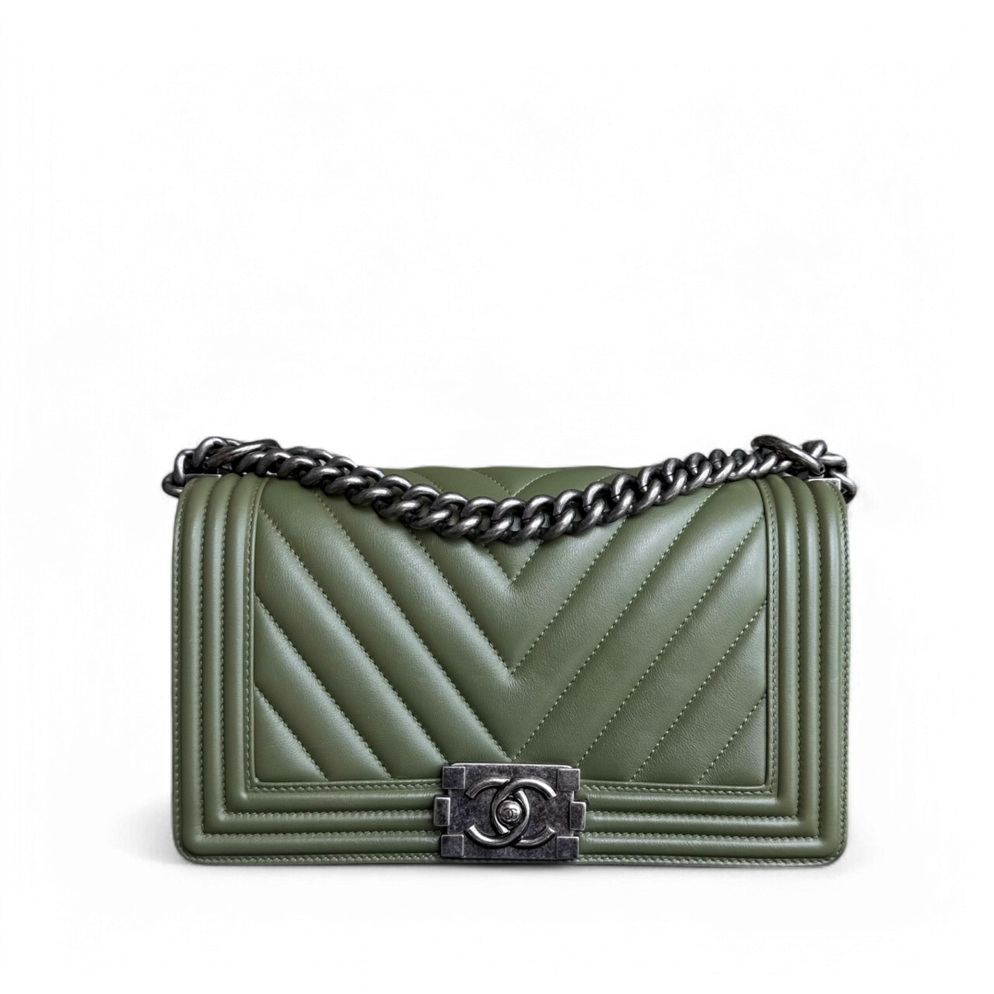 Chanel Boy Medium - 25CM Chevron Calfskin Green Ruthnium Silver Hardware Series 20