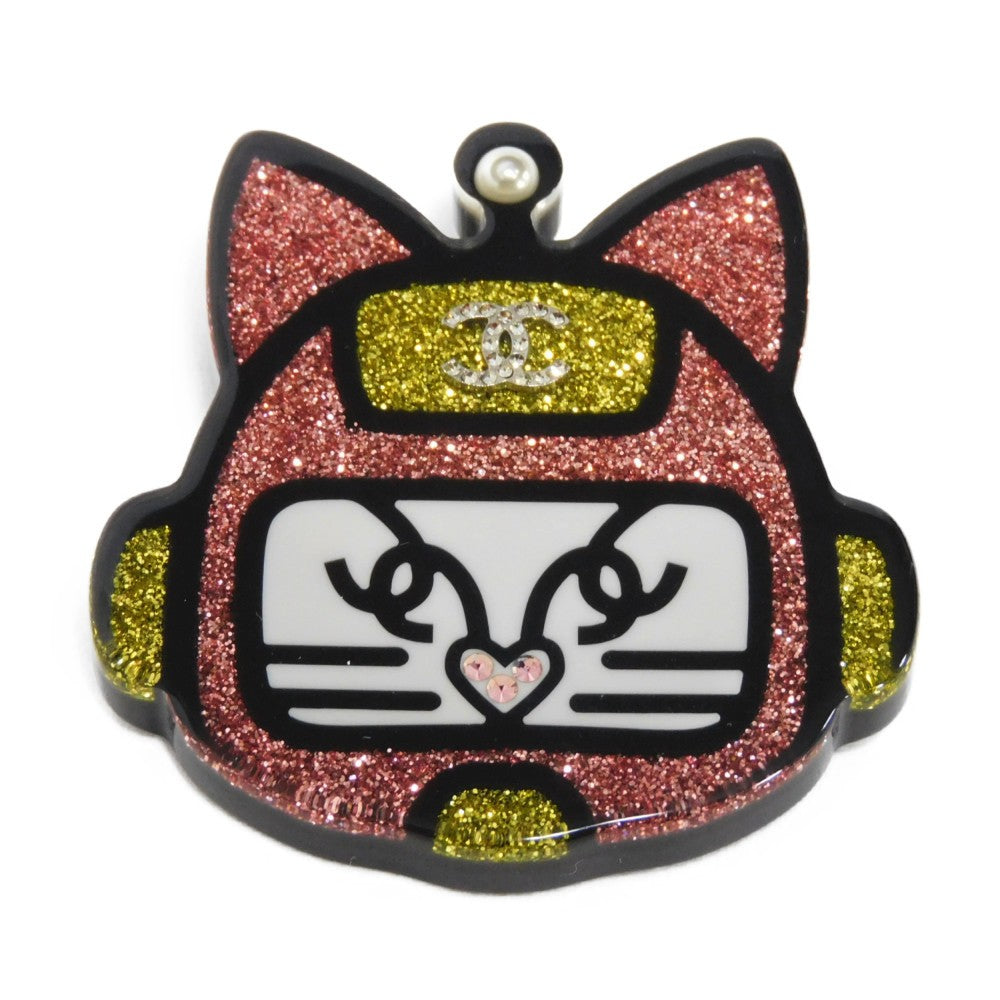 CHANEL Brooch Resin &amp; Strath Clear x Black x Pink x Yellow CC mark Glitter COCO Mark Cat Robot Women  d
