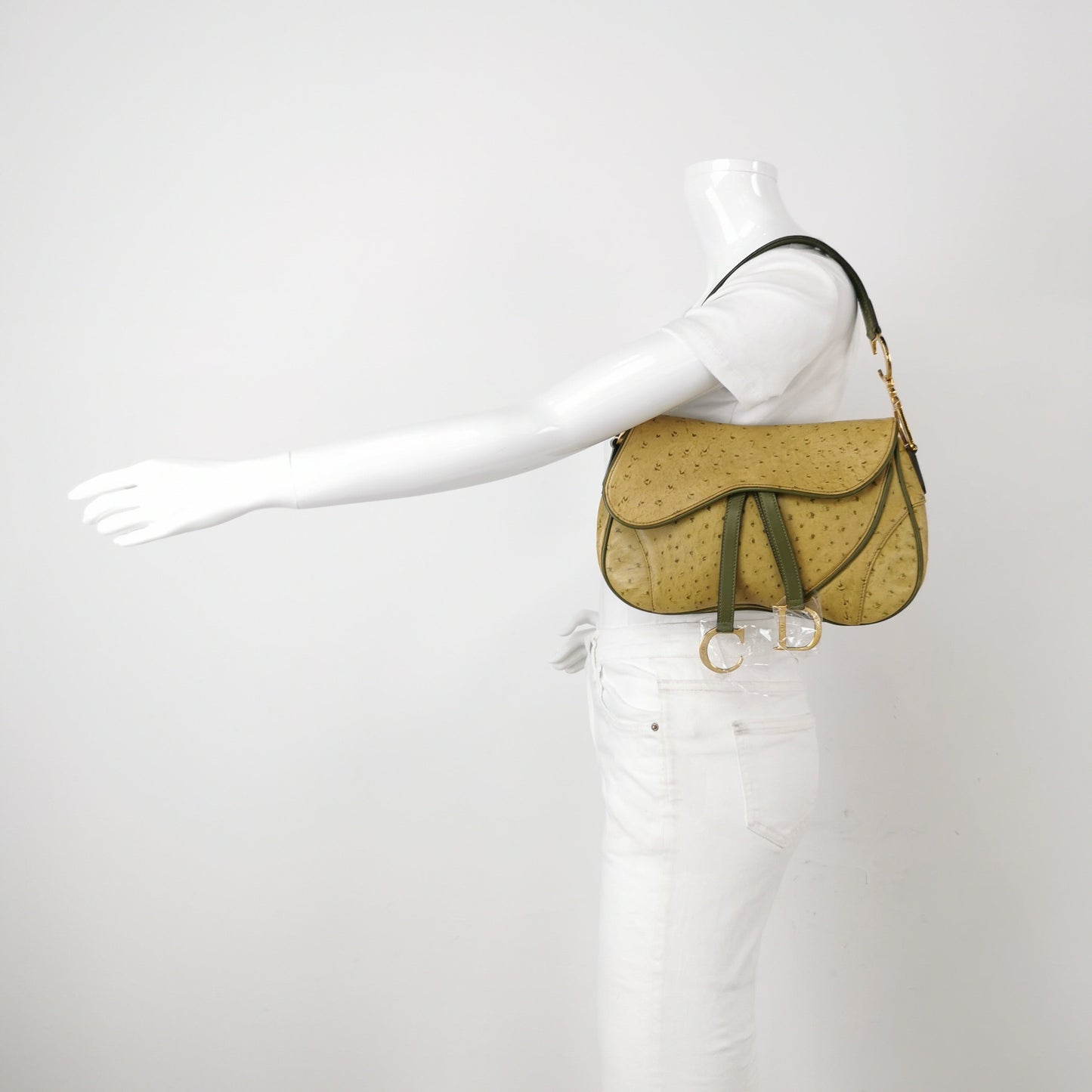 Dior   Double Saddle Green Ostrich Leather Gold Hardware