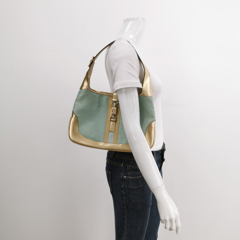 Gucci Jackie   Mini Blue Nylon with Gold Leather Shoulder Bag Medium
