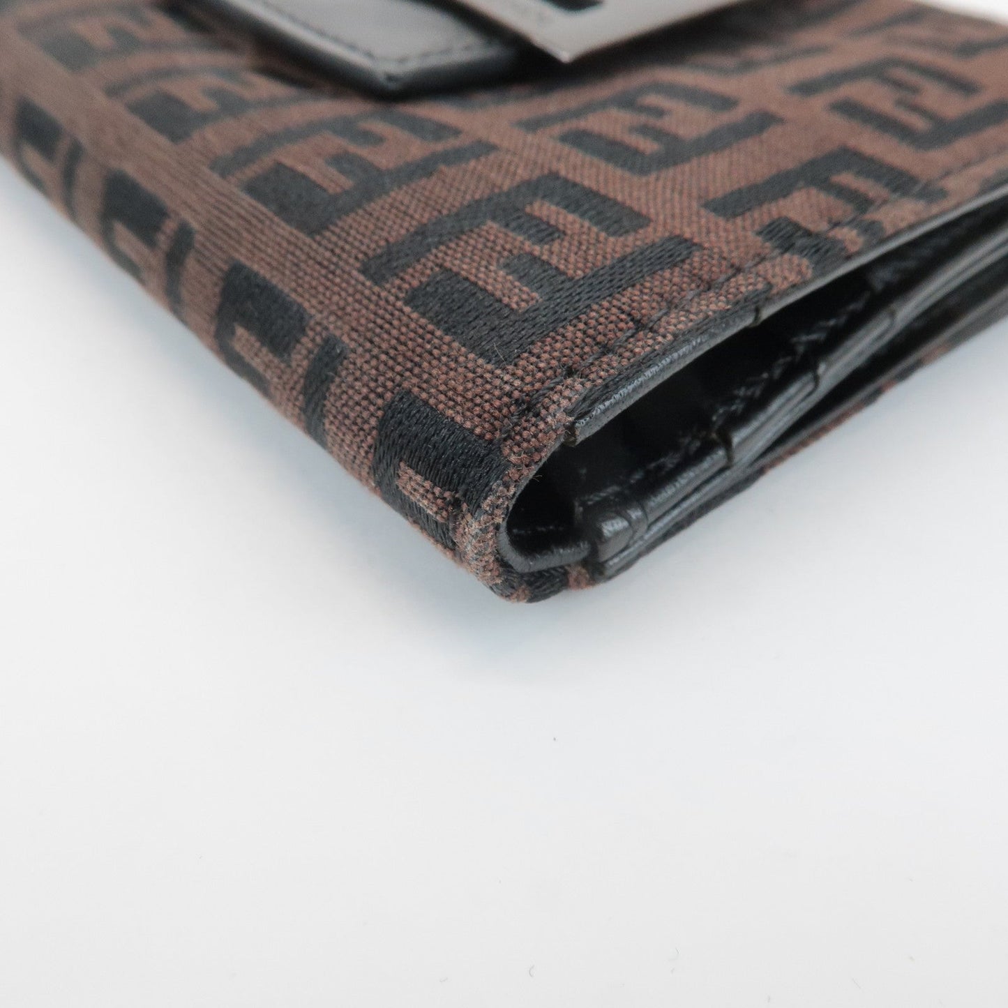FENDI Zucca Canvas Leather Double Hook Wallet Brown Black 8M0035  d