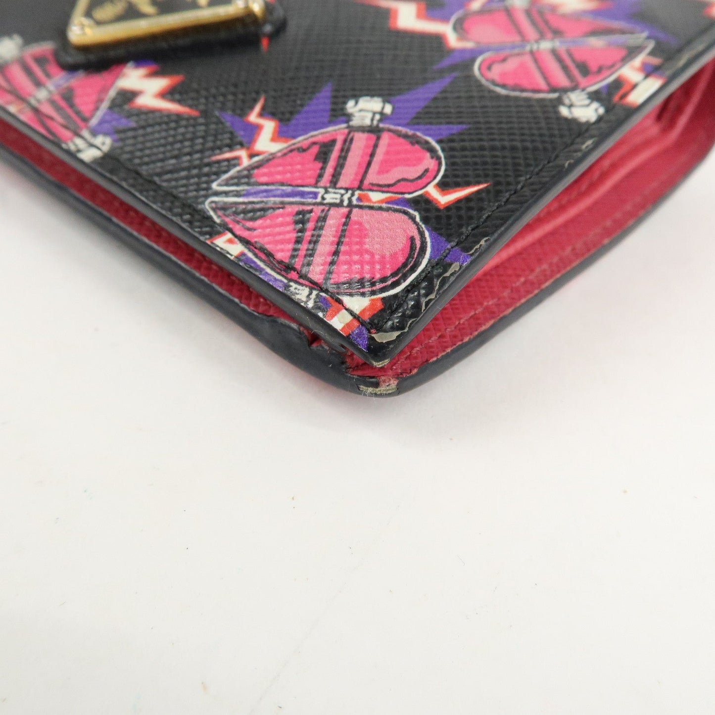 PRADA Logo Saffiano Leather Heart Print Bi-fold Wallet 1MV204  d