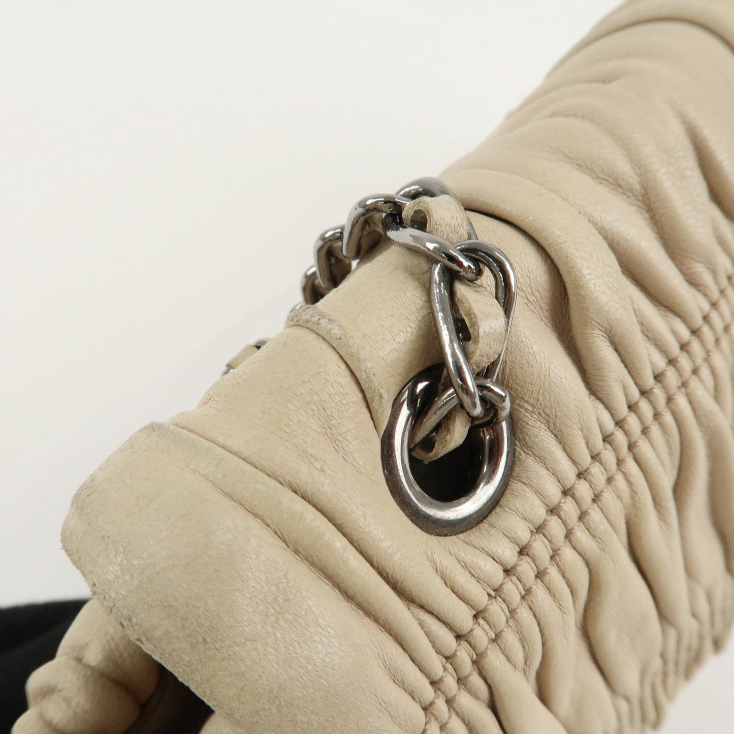 PRADA Leather Gathered Chain Shoulder Bag Ivory B4695C  d